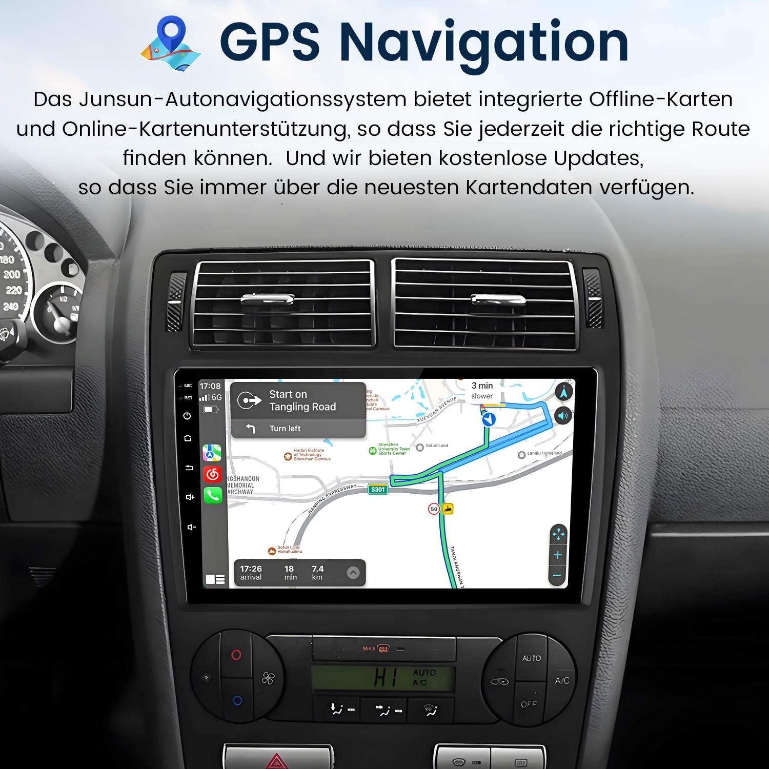 Deska rozdzielcza samochodu z nawigacją GPS. Ekran wyświetla mapę z trasą i nawigacją krok po kroku.
