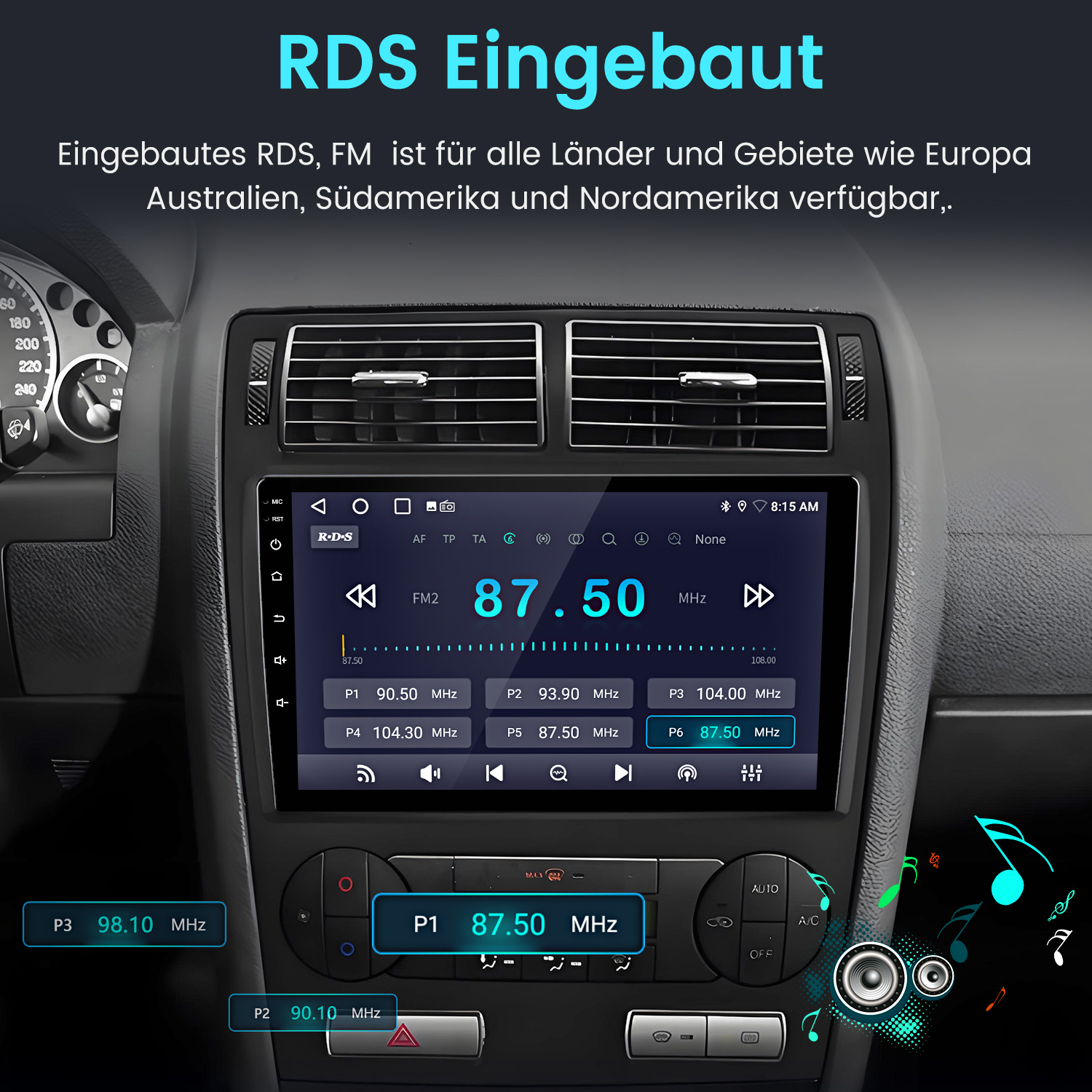 Ekran radia samochodowego wyświetlający 87,50 MHz. Widoczne przyciski i pokrętła, z tekstem w języku niemieckim.