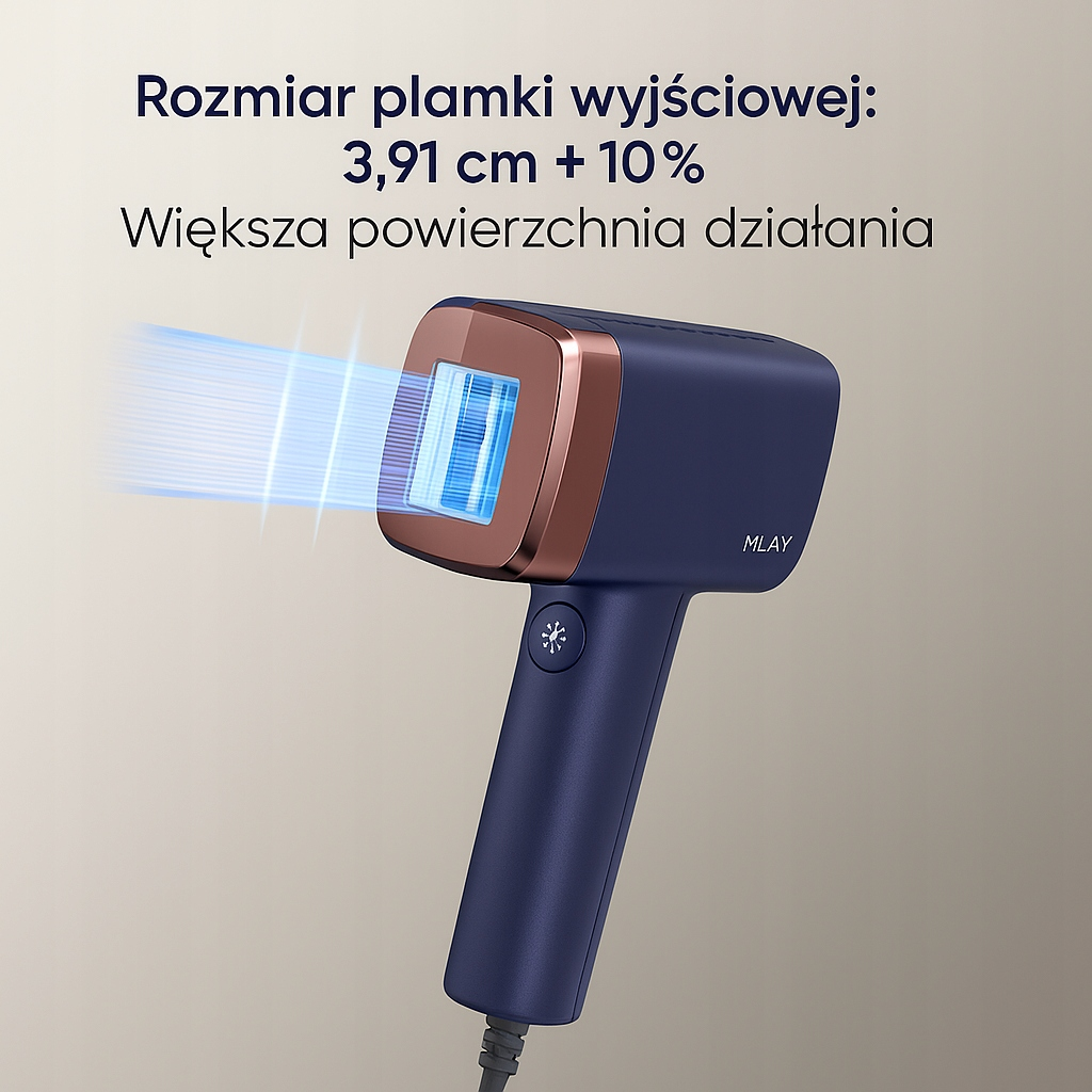 Ciemnoniebieskie urządzenie do usuwania włosów z miedzianą głowicą. Emituje niebieskie światło, wskazujące jego funkcję. Tekst mówi 'MLAY'.