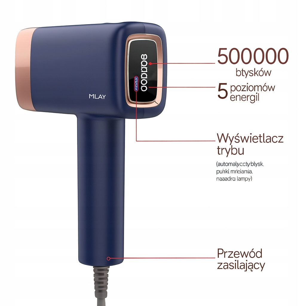 Ciemnoniebieskie urządzenie do usuwania włosów ze złotymi akcentami. Posiada wyświetlacz, przewód zasilający i polskie etykiety.