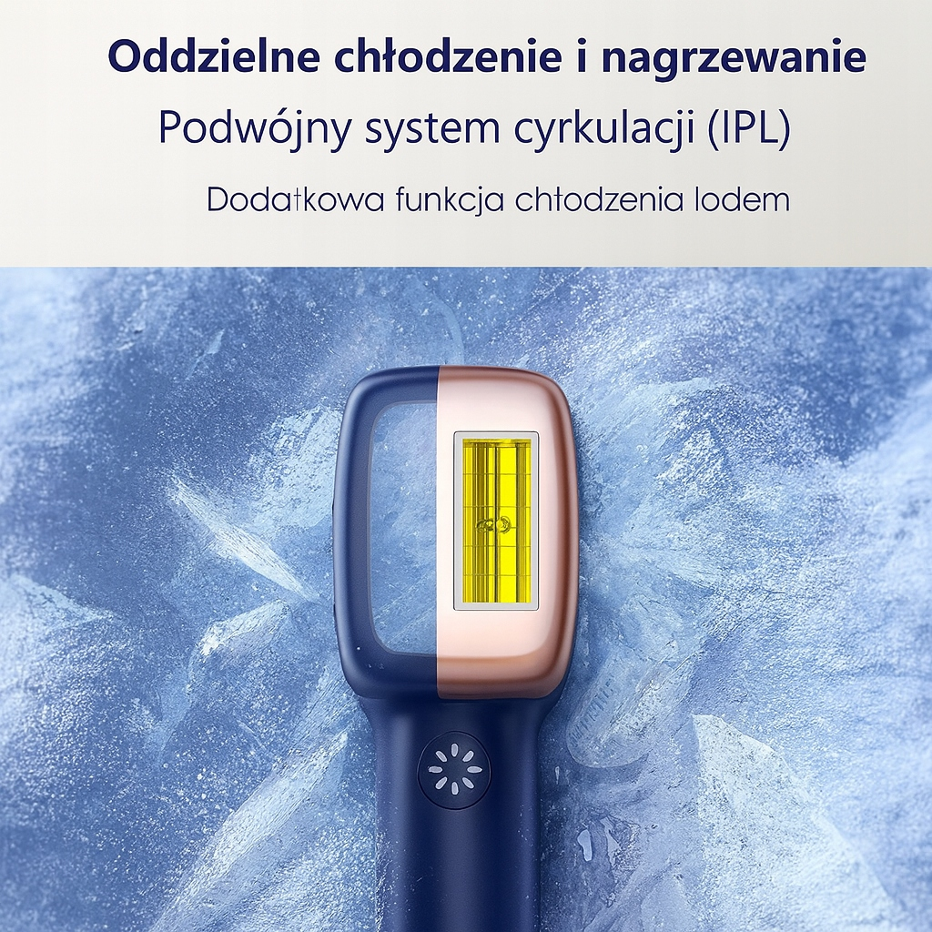 Urządzenie IPL z niebieskim i brązowym korpusem jest wyświetlane na tle niebieskiego tła. Tekst w języku polskim znajduje się na górze obrazu.