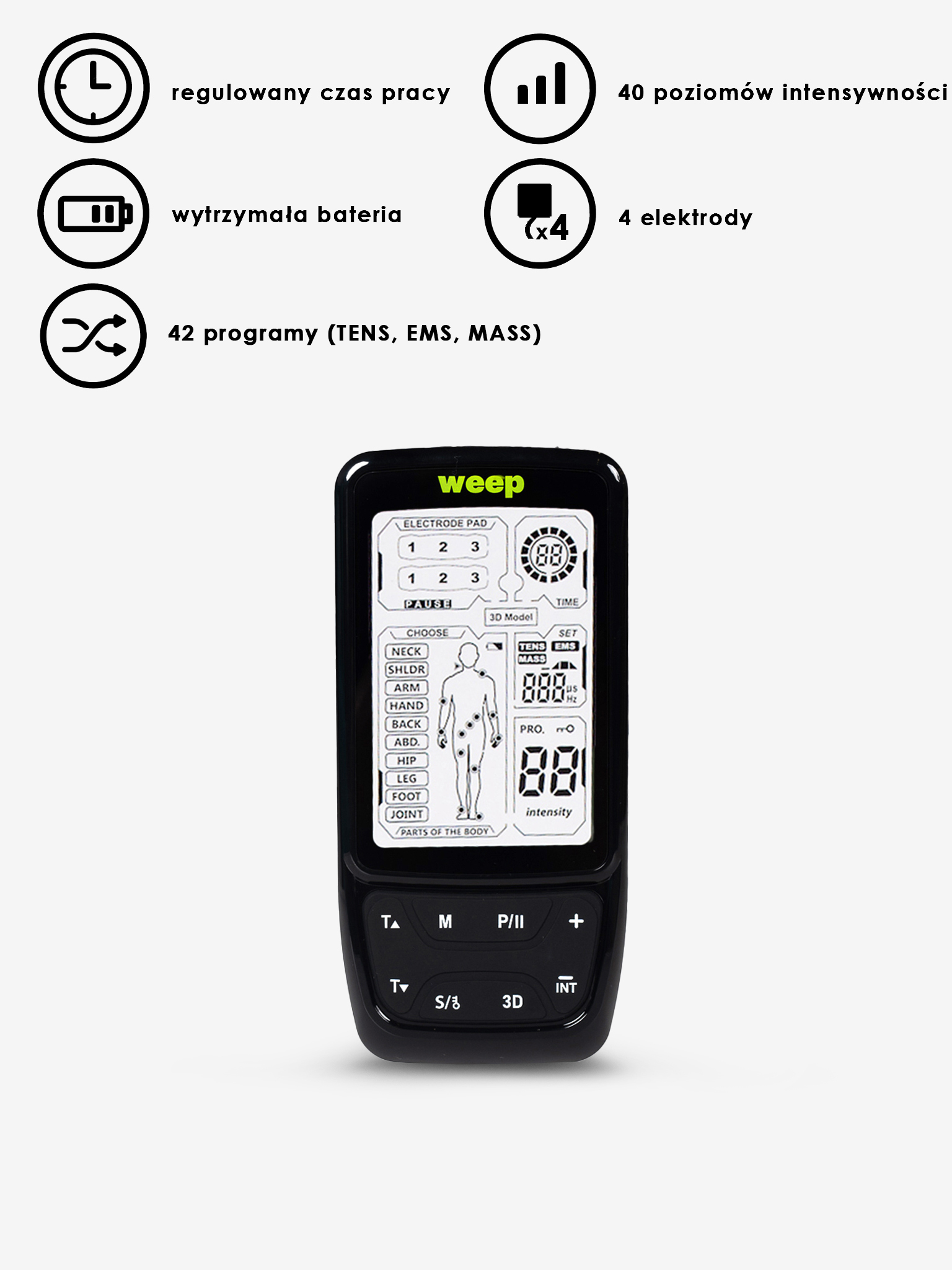 Czarne urządzenie TENS/EMS z ekranem wyświetlającym ustawienia i diagram ciała, a także ikony i opisy tekstowe.