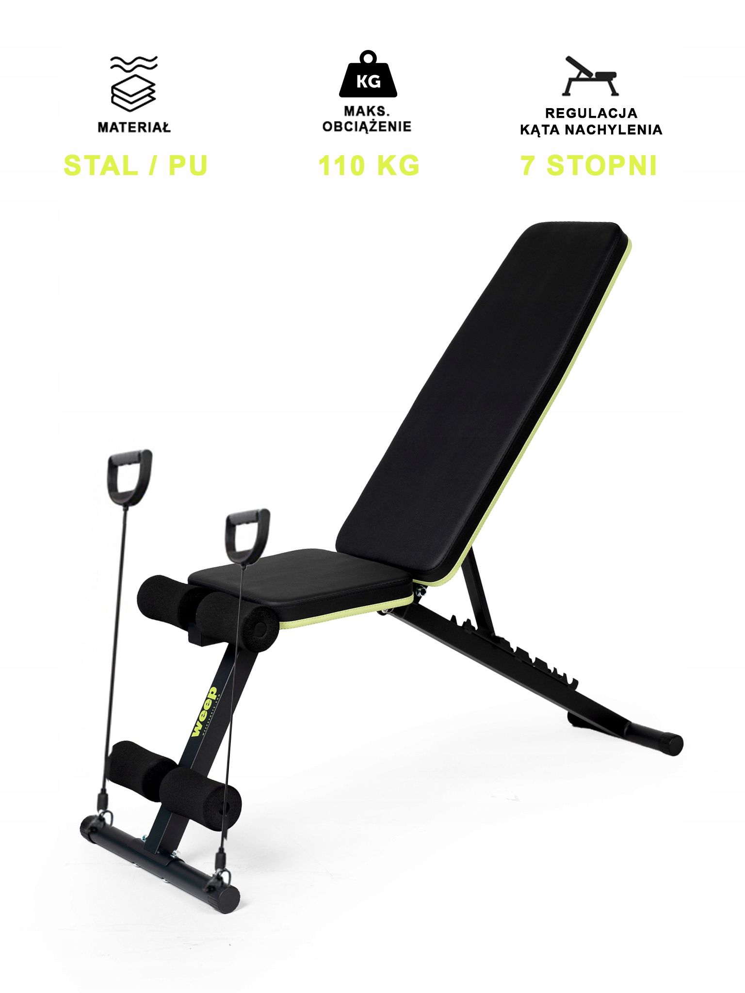 Regulowana ławka do ćwiczeń, czarna i zielona, z dołączonymi taśmami oporowymi. Posiada stal i PU i wytrzymuje 110 KG.