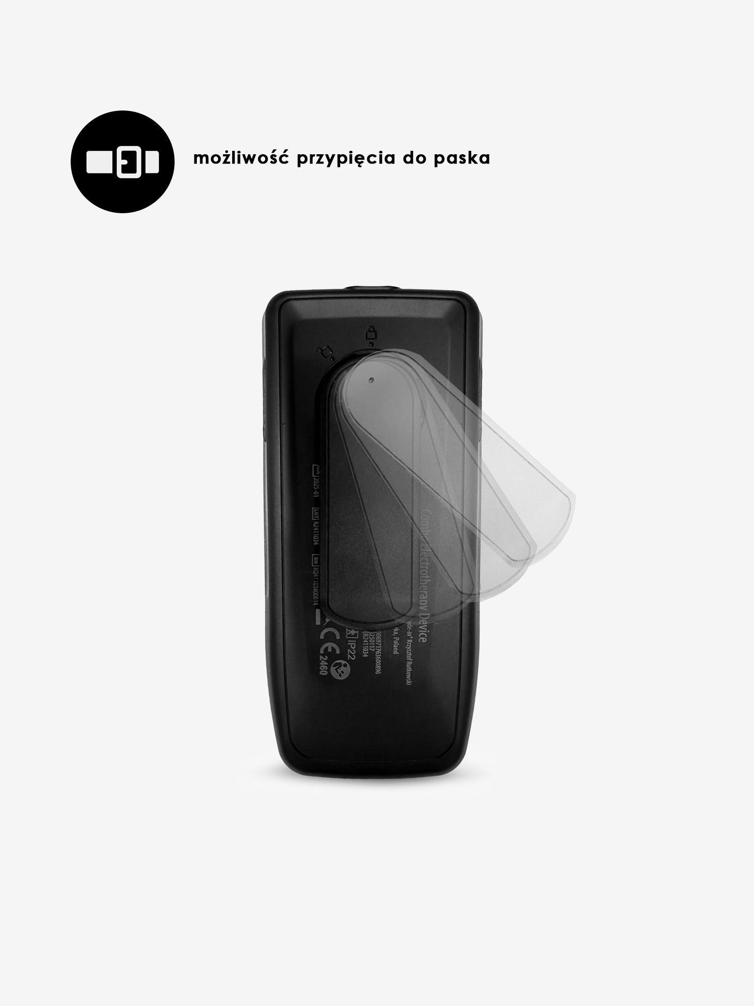 Czarne urządzenie z ikoną klipsa do paska i napisem 'możliwość przypięcia do paska'. Urządzenie ma przezroczystą osłonę.