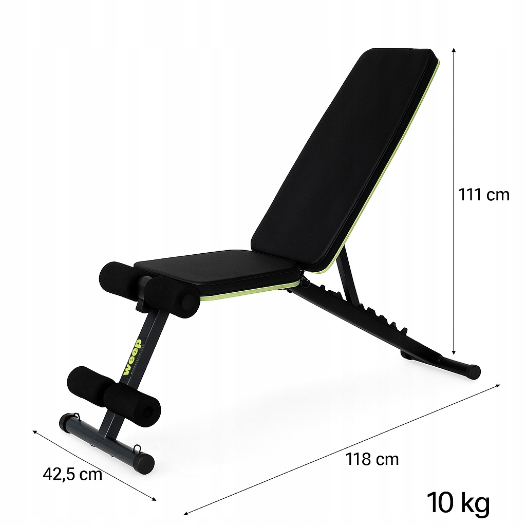Czarna i zielona ławka do ćwiczeń na białym tle. Wymiary: 111 cm, 118 cm, 42,5 cm. Waga: 10 kg. Marka: weep.