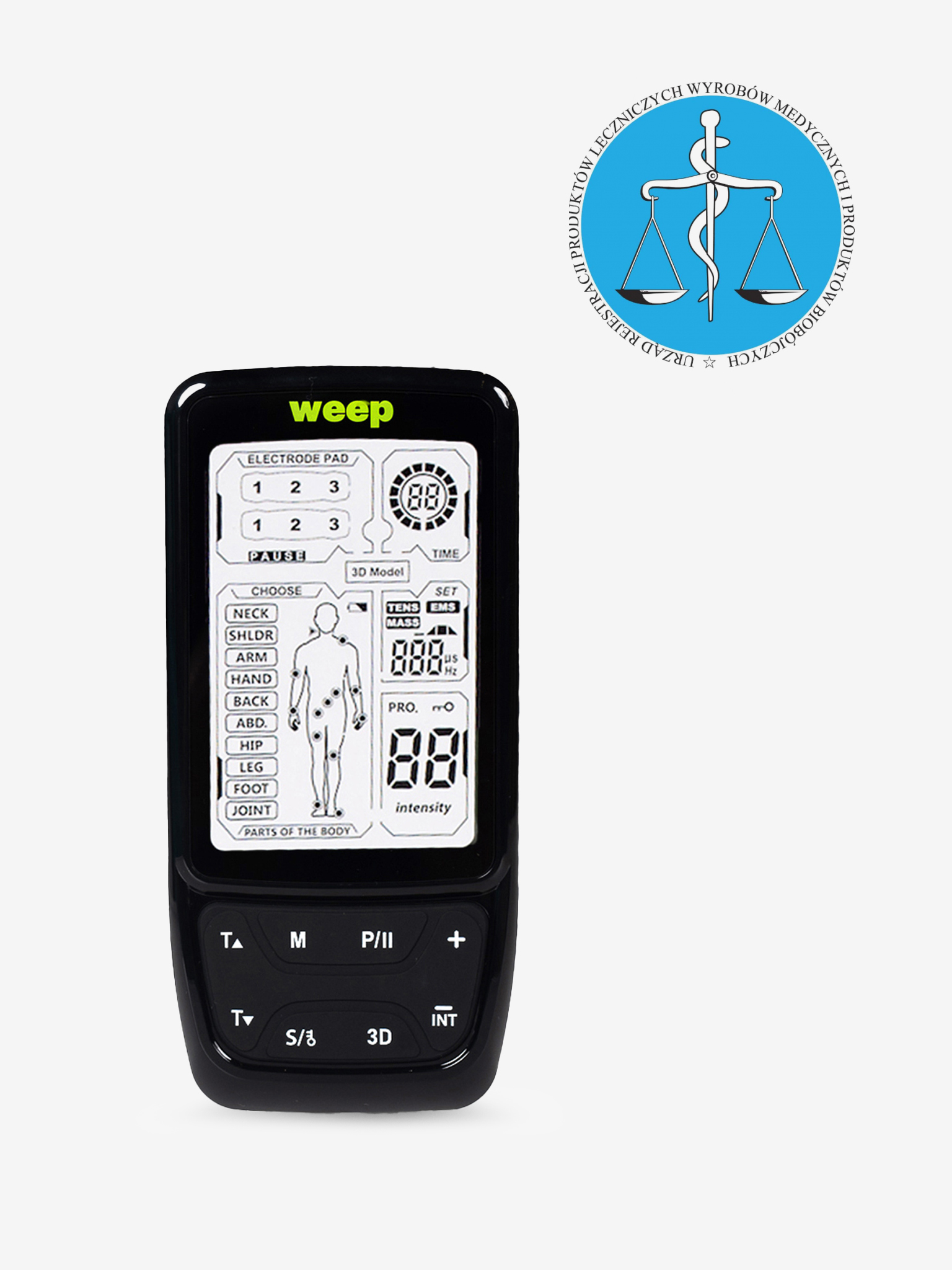 Czarna maszyna TENS z ekranem wyświetlającym ustawienia i niebieską pieczęcią regulacyjną w tle.