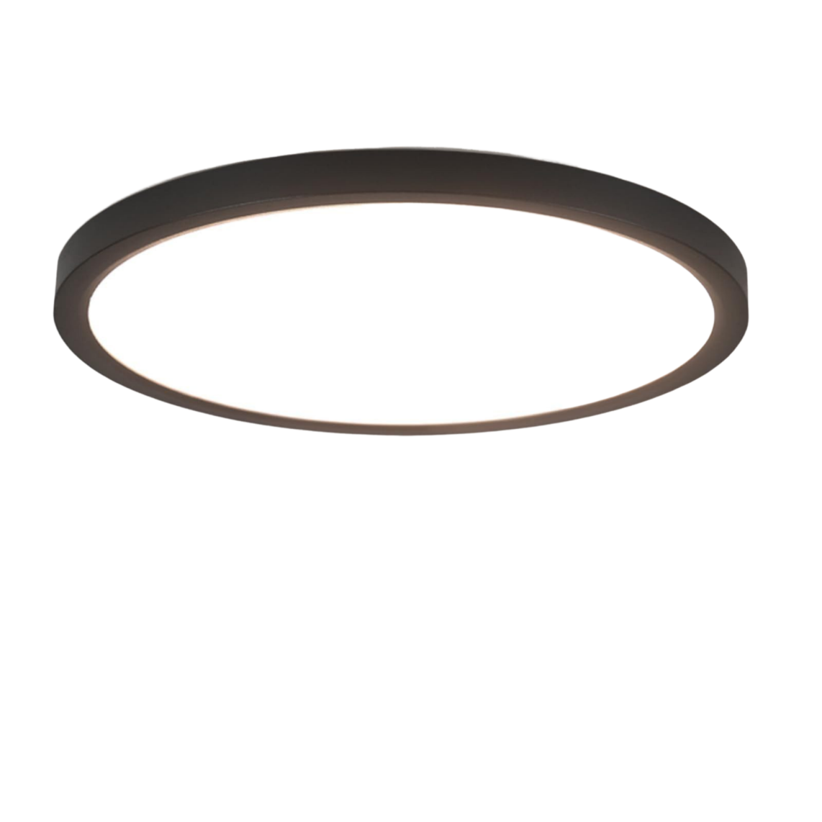 Una lampada da soffitto rotonda, nera, a incasso con un anello interno illuminato bianco brillante, su sfondo bianco.
