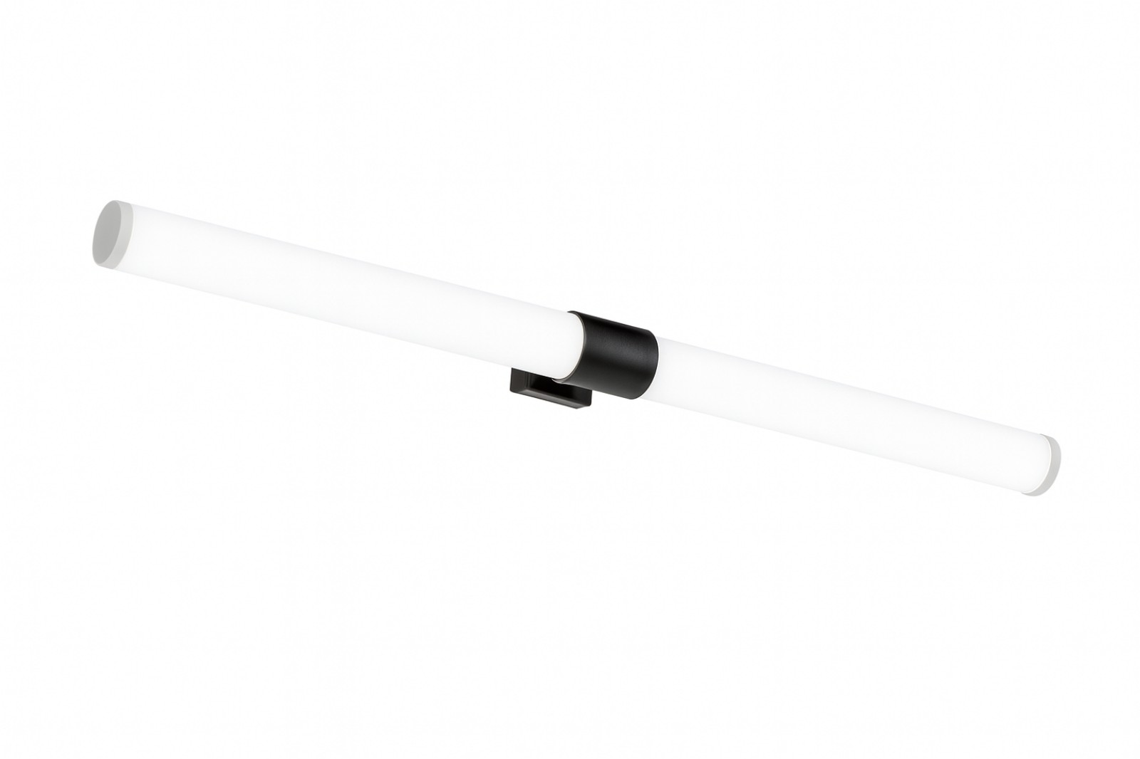 Un apparecchio di illuminazione cilindrico bianco con hardware di montaggio nero su sfondo bianco.