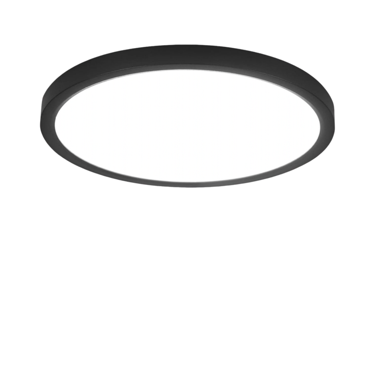 Una lampada da soffitto rotonda, con bordo nero e centro bianco brillante, su sfondo bianco.