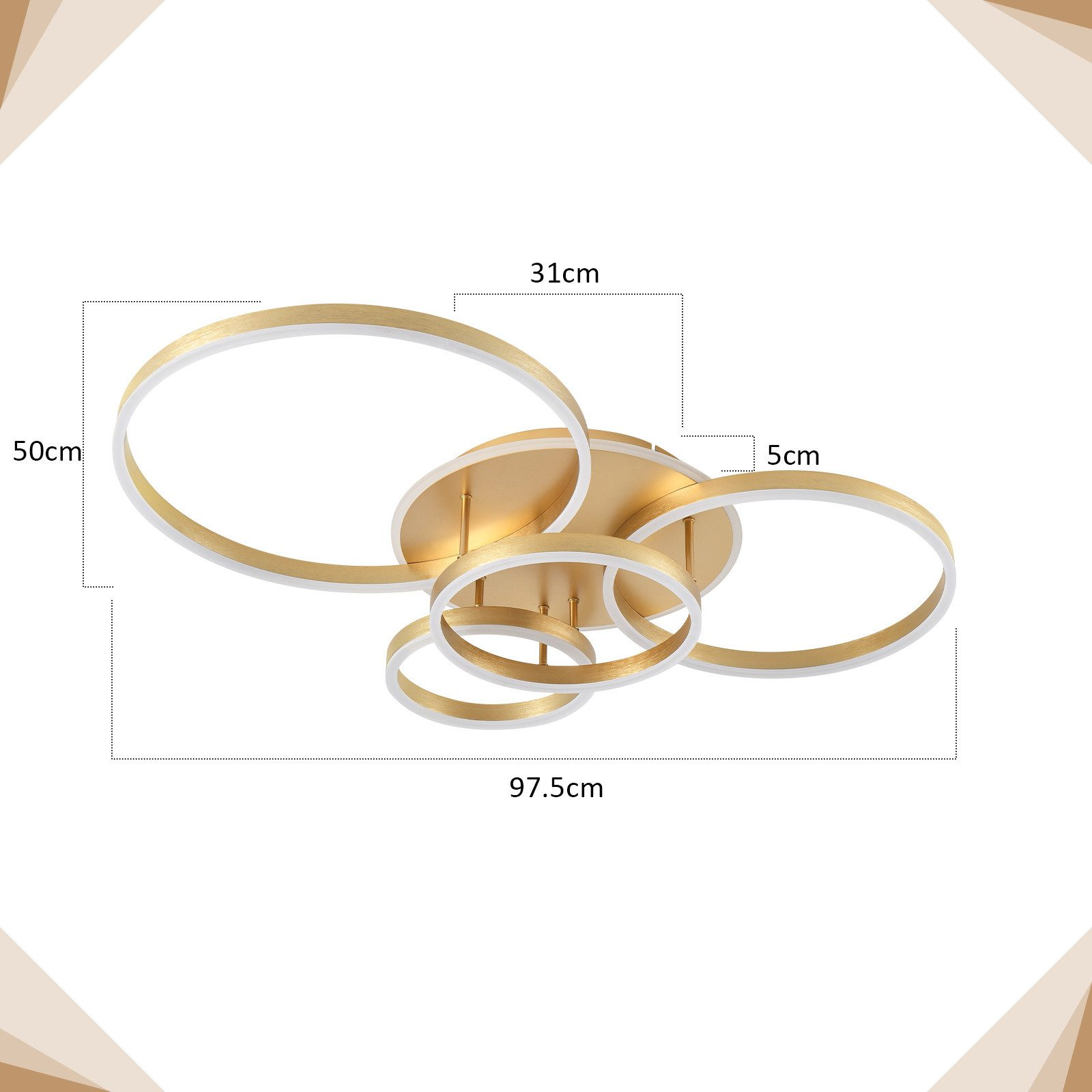 Lampada da soffitto moderna color oro. Ha diversi anelli circolari sovrapposti e una base centrale dorata. Le dimensioni sono indicate.
