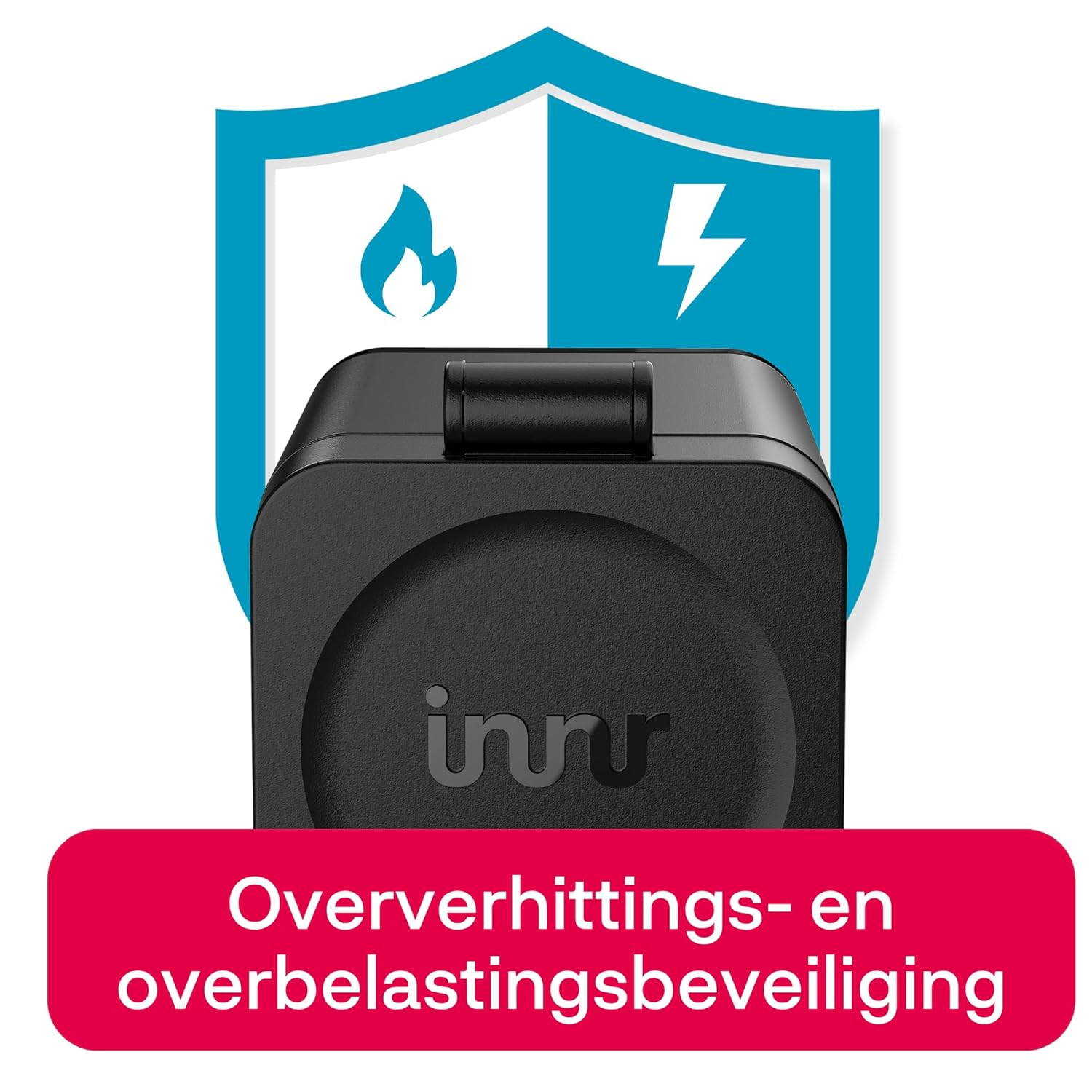 A black square device with the word 'innr'. A blue shield with lightning and flame icons, and a red label with white text.