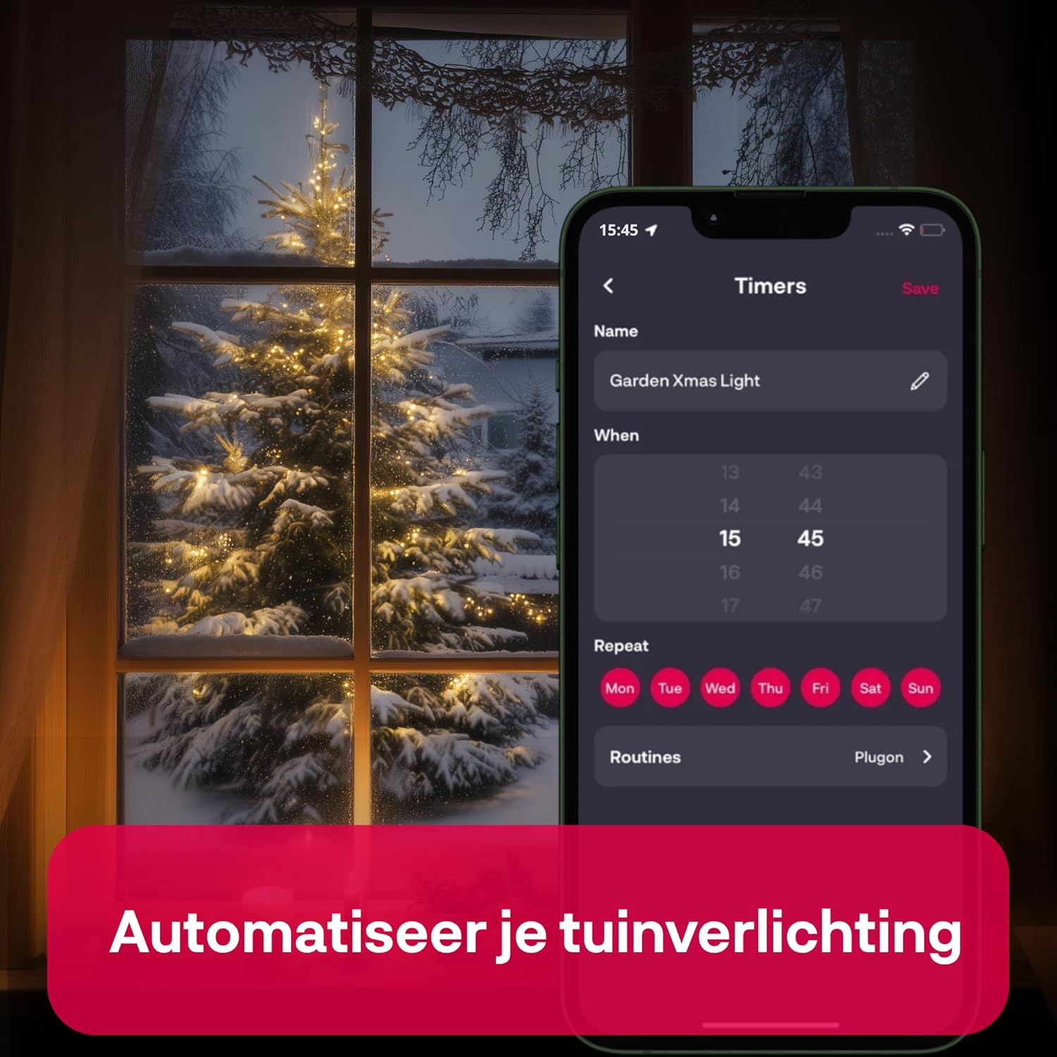 A phone displaying a timer for 'Garden Xmas Light'. Outside, a snowy scene with a Christmas tree is visible through a window.