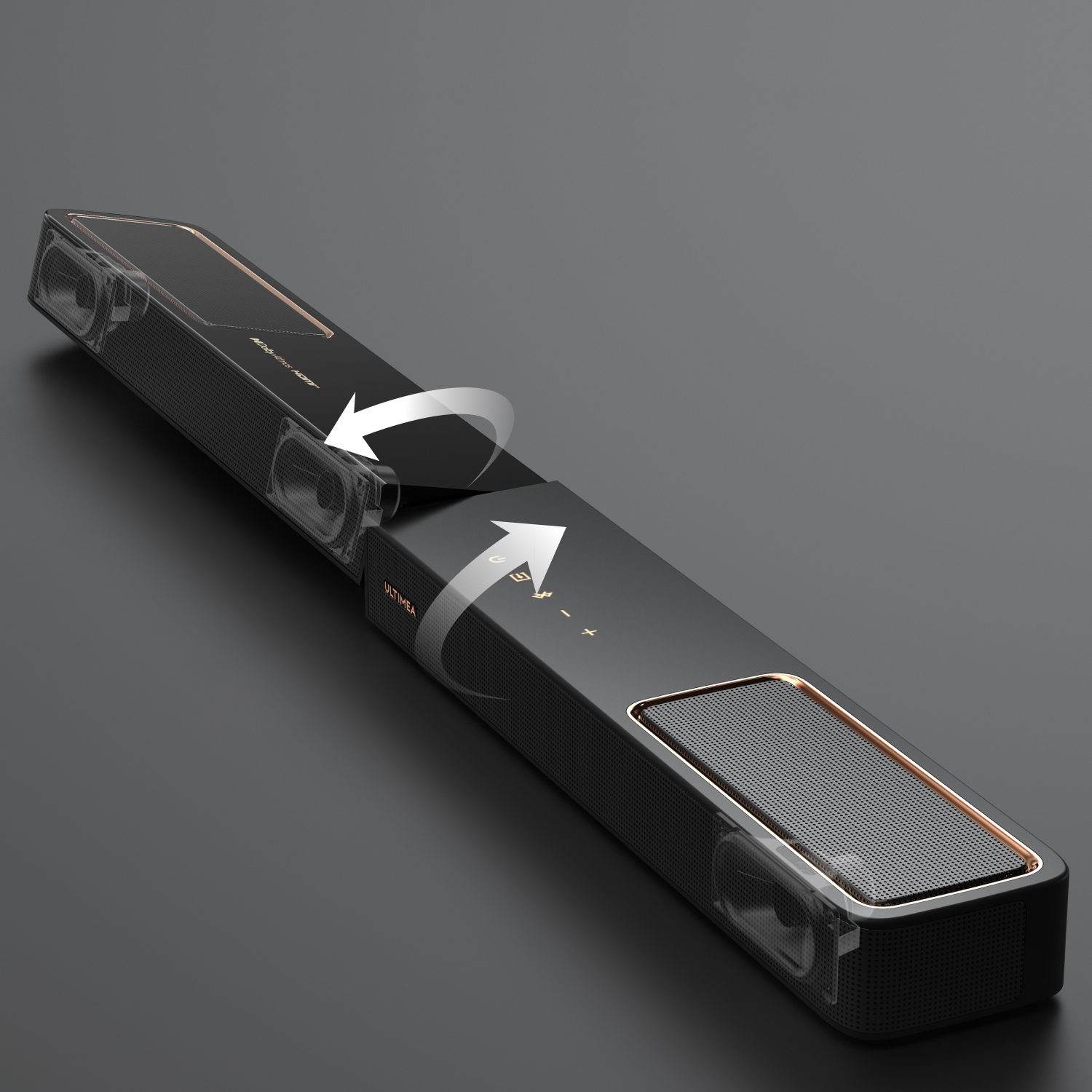 Czarny soundbar ze złotymi akcentami, z dwoma sekcjami otwierającymi się, aby odsłonić głośniki. Strzałki wskazują na akcję otwierania.