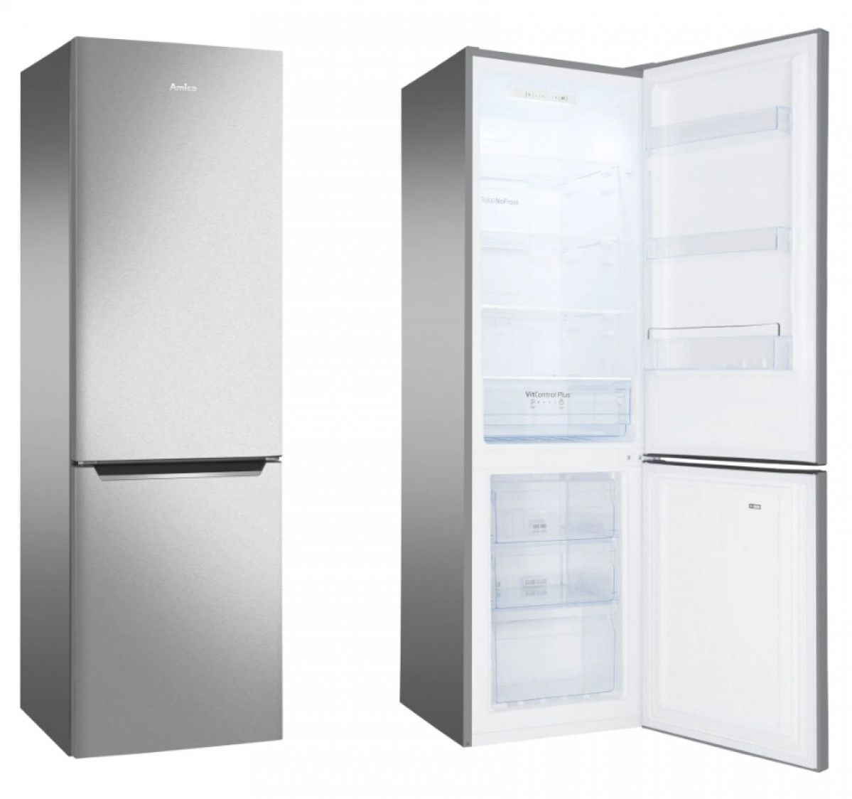 Srebrna lodówka Amica. Jedne drzwi są zamknięte, drugie otwarte, pokazujące półki i szuflady. Wnętrze jest białe i oświetlone.