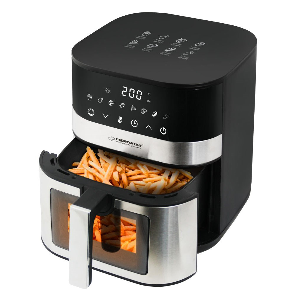 Czarna frytkownica powietrzna z frytkami w środku. Posiada cyfrowy wyświetlacz pokazujący 200 stopni. Marka to Esperanza.
