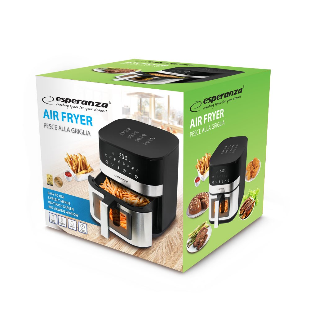 Pudełko frytkownicy powietrznej ze zdjęciem urządzenia. Pokazuje frytki, kurczaka i inne potrawy. Tekst brzmi 'Air Fryer'.