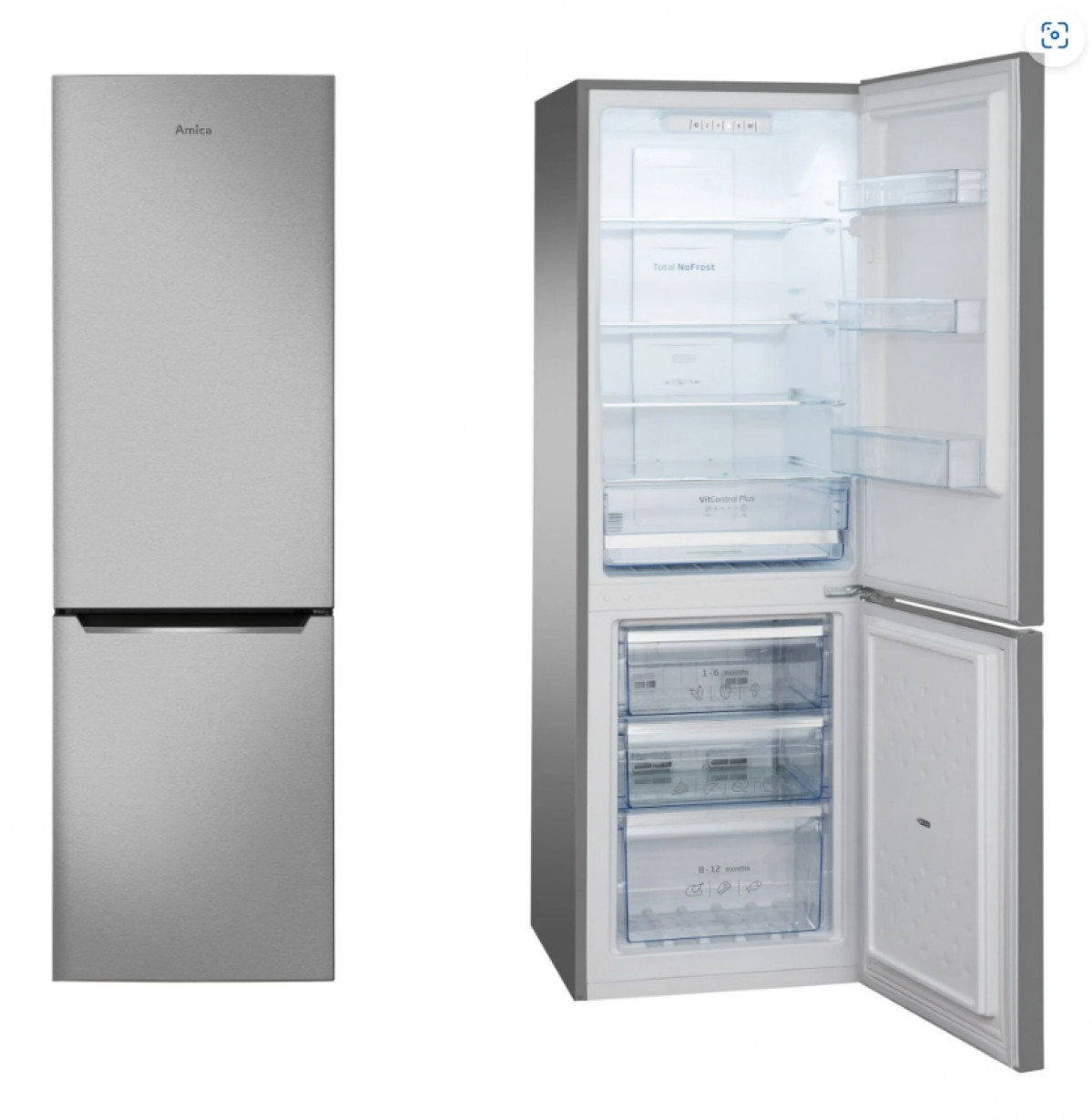 Srebrna lodówka Amica. Jedne drzwi zamknięte, drugie otwarte, pokazujące półki i szuflady. Otwarte drzwi ujawniają szczegóły wnętrza.