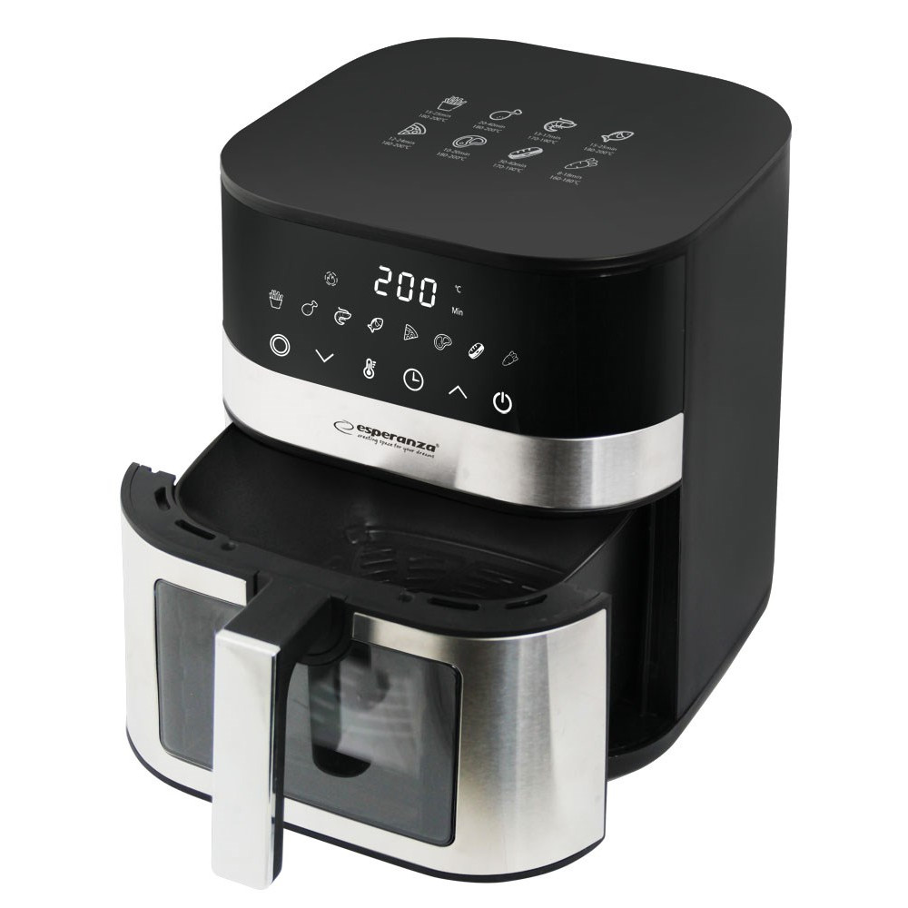 Czarna frytkownica powietrzna z cyfrowym wyświetlaczem pokazującym 200 stopni. Posiada wyjmowany kosz i srebrny uchwyt.