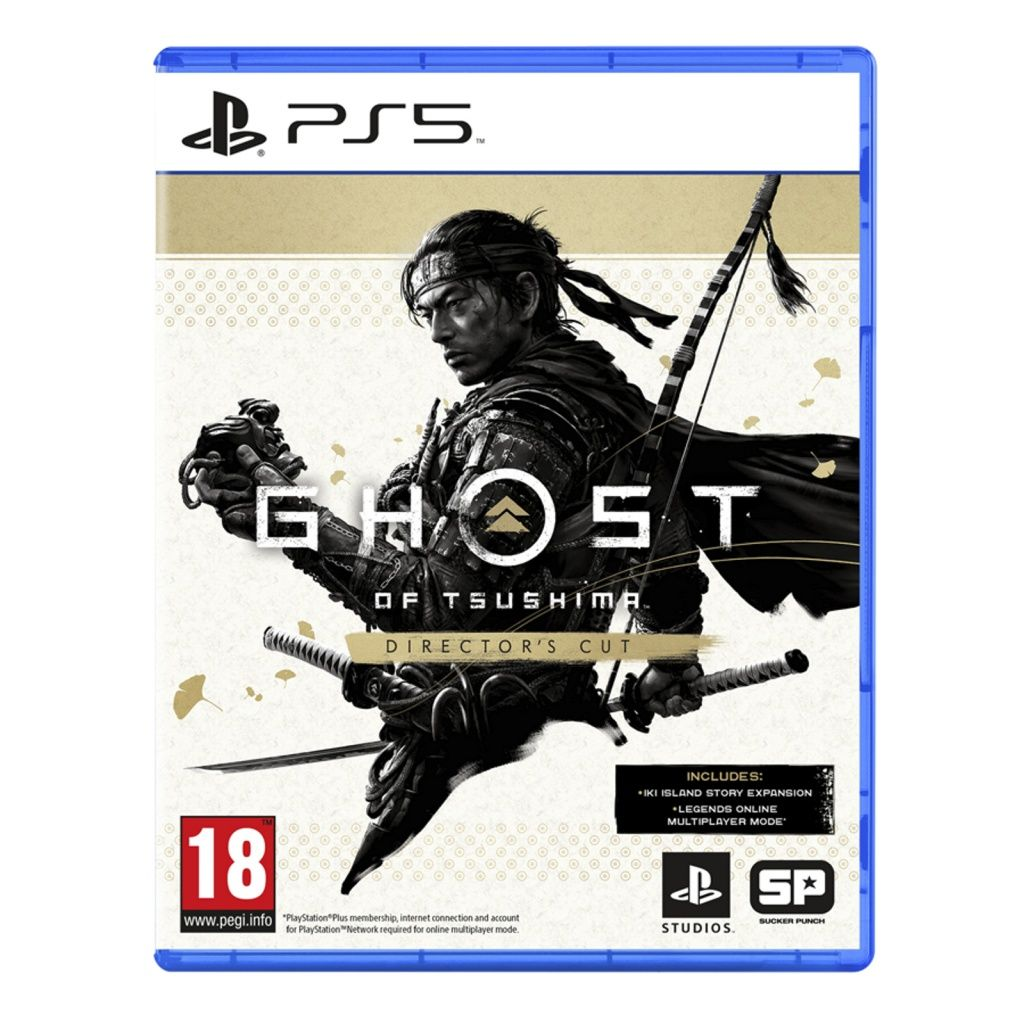 Okładka gry Ghost of Tsushima: Director's Cut. Przedstawia samuraja z łukiem i kataną. Logo PS5 i klasyfikacja wiekowa obecne.