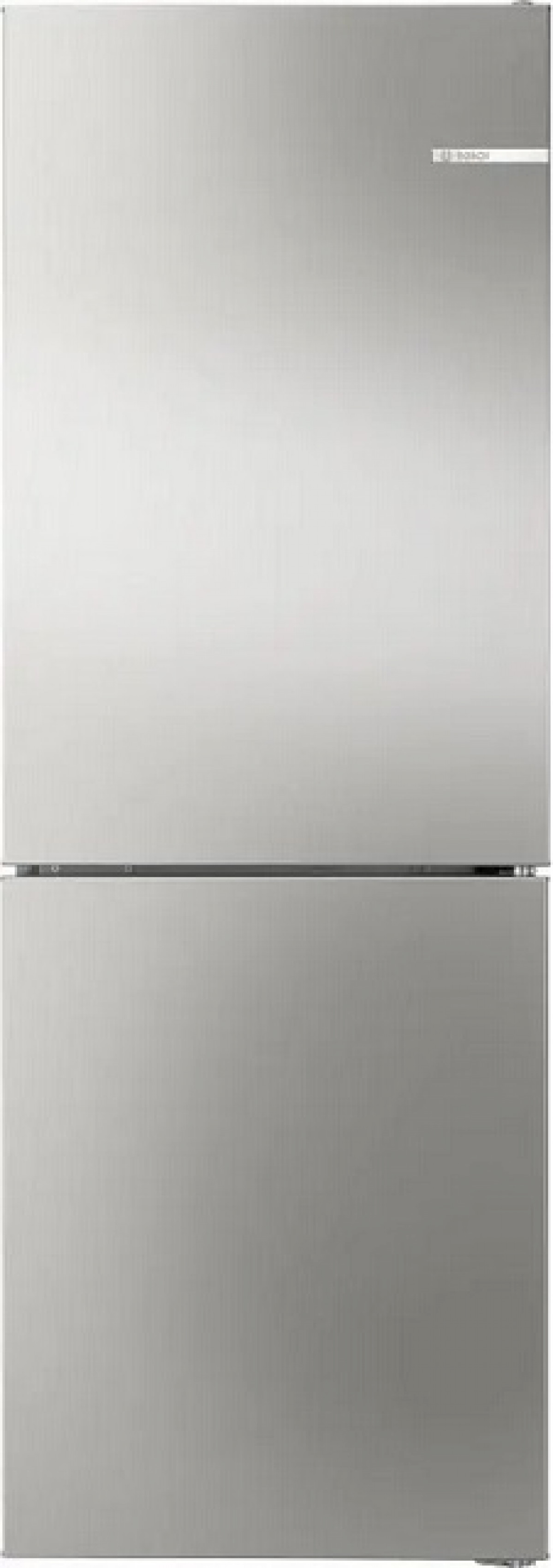 Dwudrzwiowa srebrna lodówka. Górne drzwi są większe niż dolne. Widoczne jest logo Bosch.