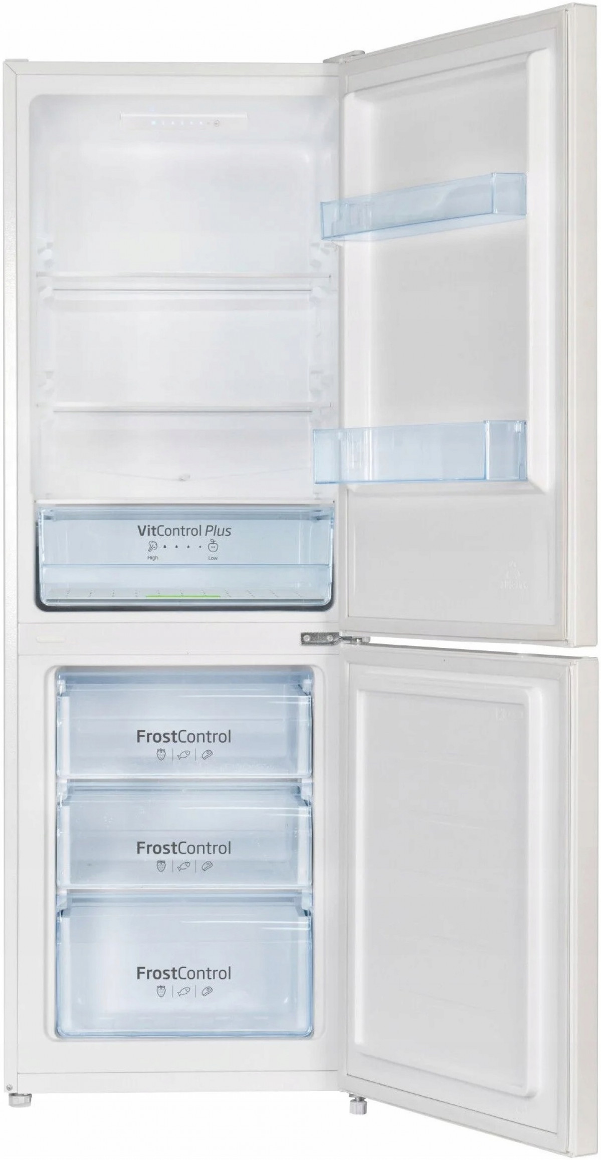 Otwarta biała lodówka z dwiema drzwiami. W środku półki, szuflady i przegrody z napisami 'VitControl Plus' i 'FrostControl'.