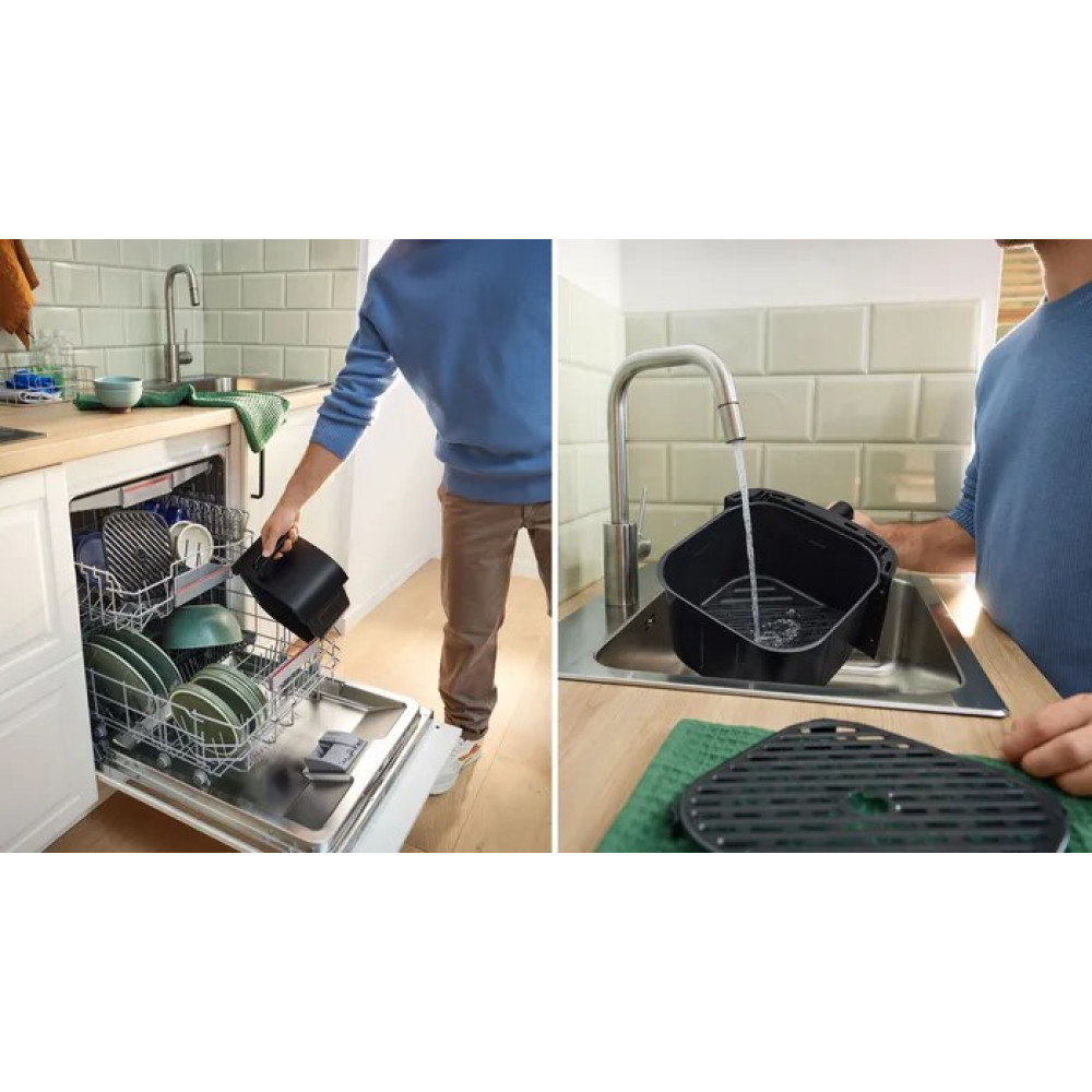 Osoba umieszcza kosz frytownicy w zmywarce. Inna osoba myje kosz frytownicy w zlewie pod bieżącą wodą.