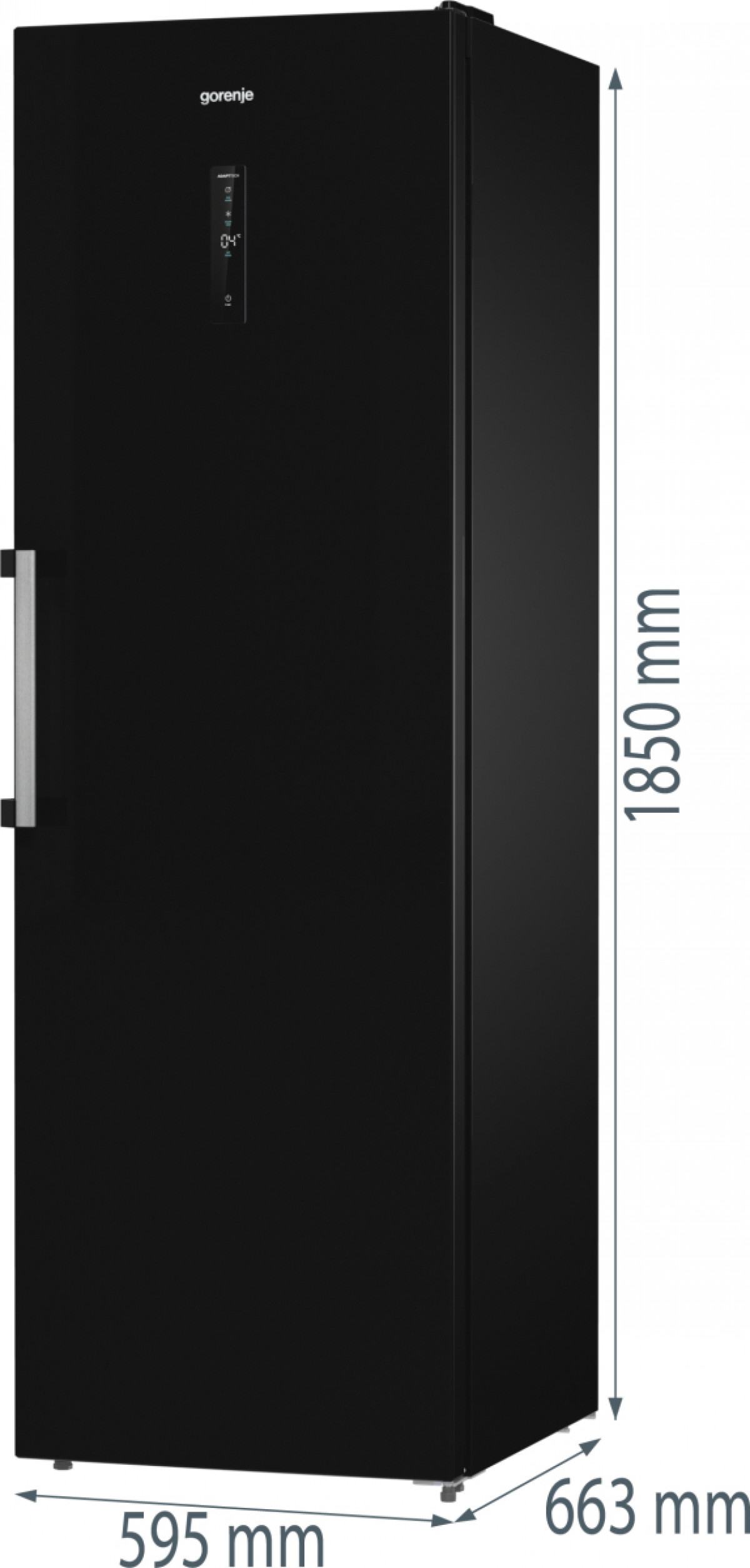 Czarna zamrażarka Gorenje. Posiada uchwyt, wyświetlacz cyfrowy i wymiary. 1850 mm wysokości, 595 mm szerokości i 663 mm głębokości.