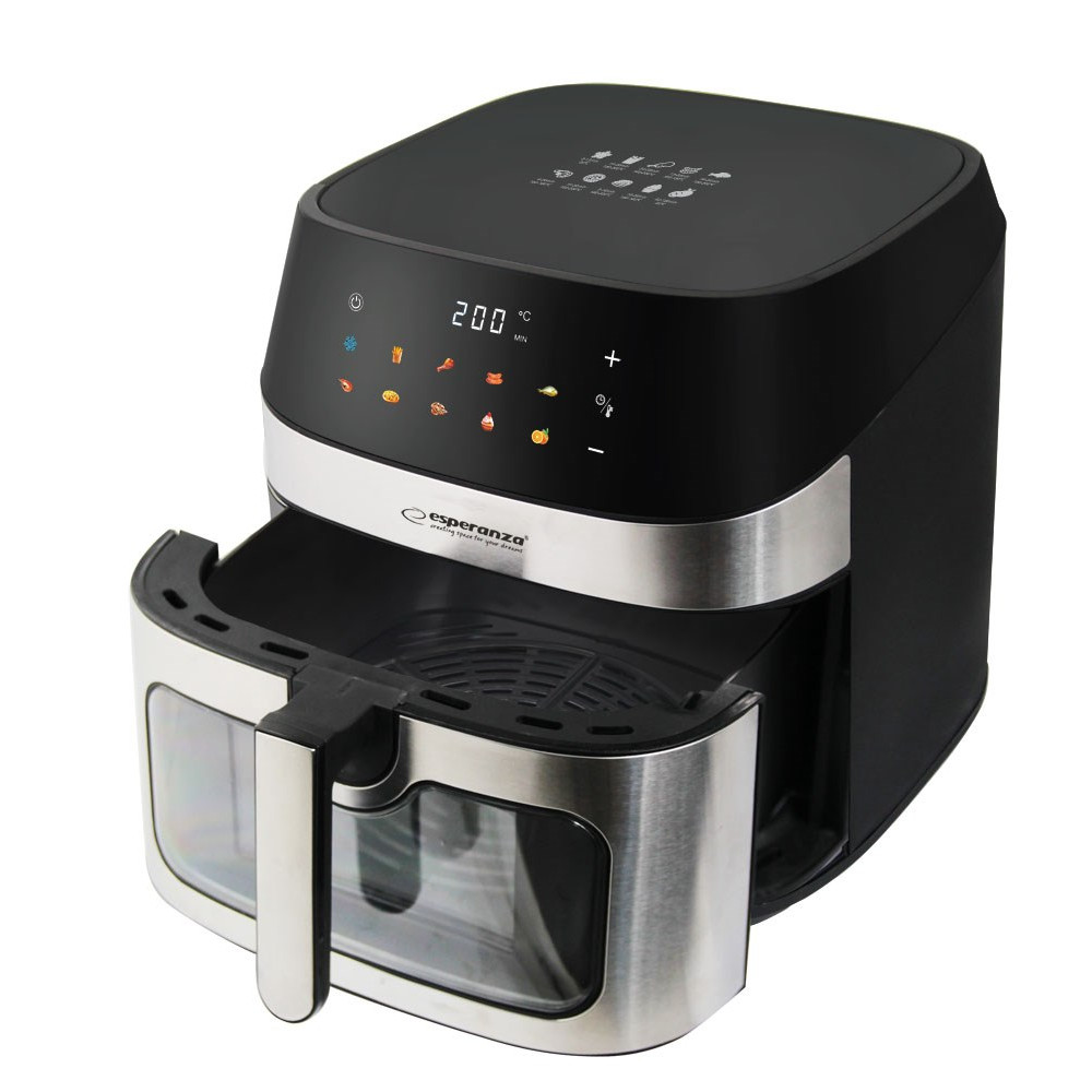 Czarna i srebrna frytkownica powietrzna z otwartą szufladą. Ma cyfrowy wyświetlacz pokazujący 200 stopni i różne ustawienia.