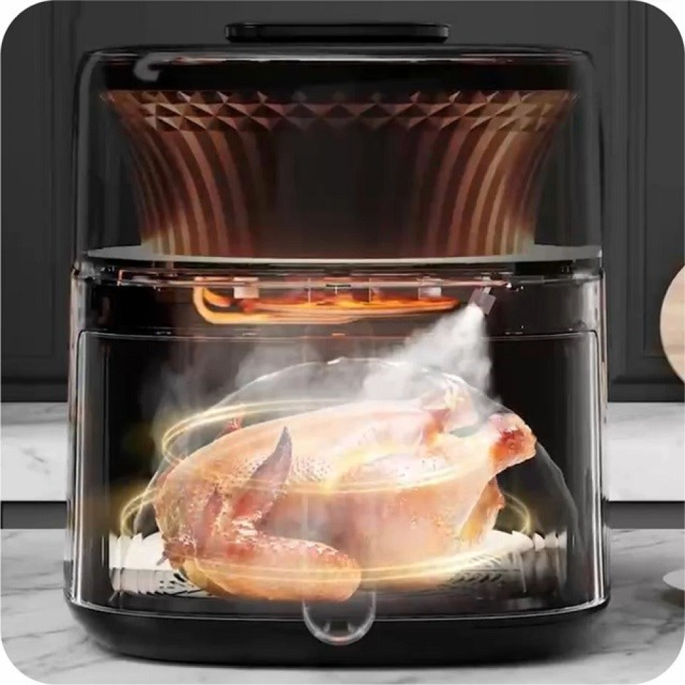 Un forno elettrico con un pollo arrosto all'interno. Il vapore è visibile. Il forno ha un design in vetro trasparente.