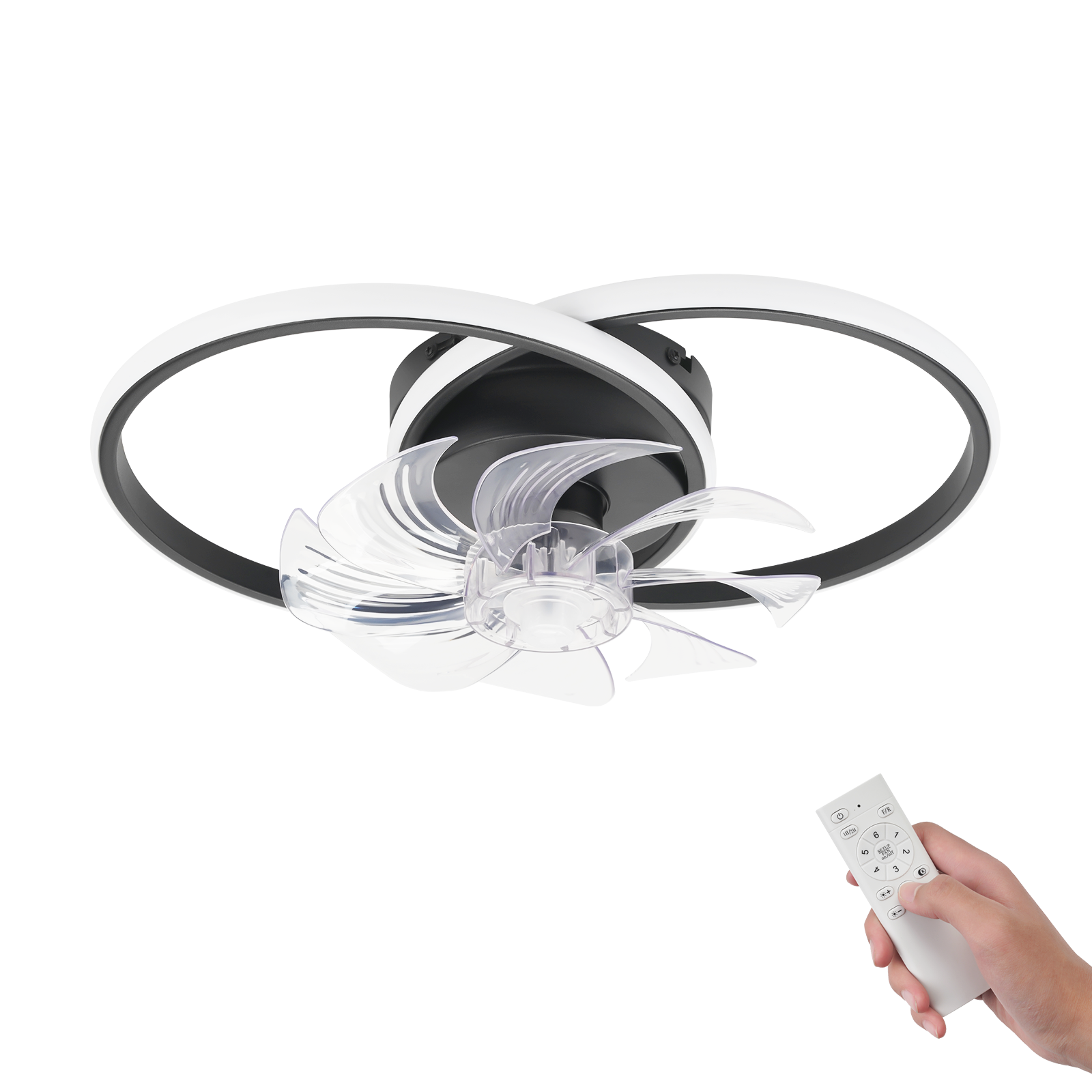Un ventilatore da soffitto con pale trasparenti e un telecomando in mano. Il ventilatore ha accenti bianchi e neri.