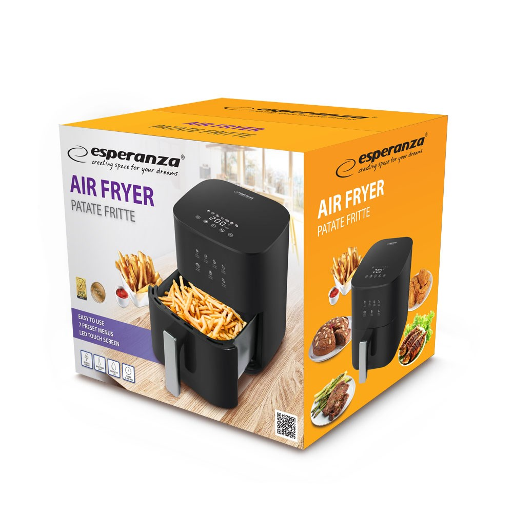 Czarna frytkownica powietrzna z frytkami, a na pudełku obraz frytkownicy z tekstem 'AIR FRYER PATATE FRITTE' i nazwą marki 'esperanza'.