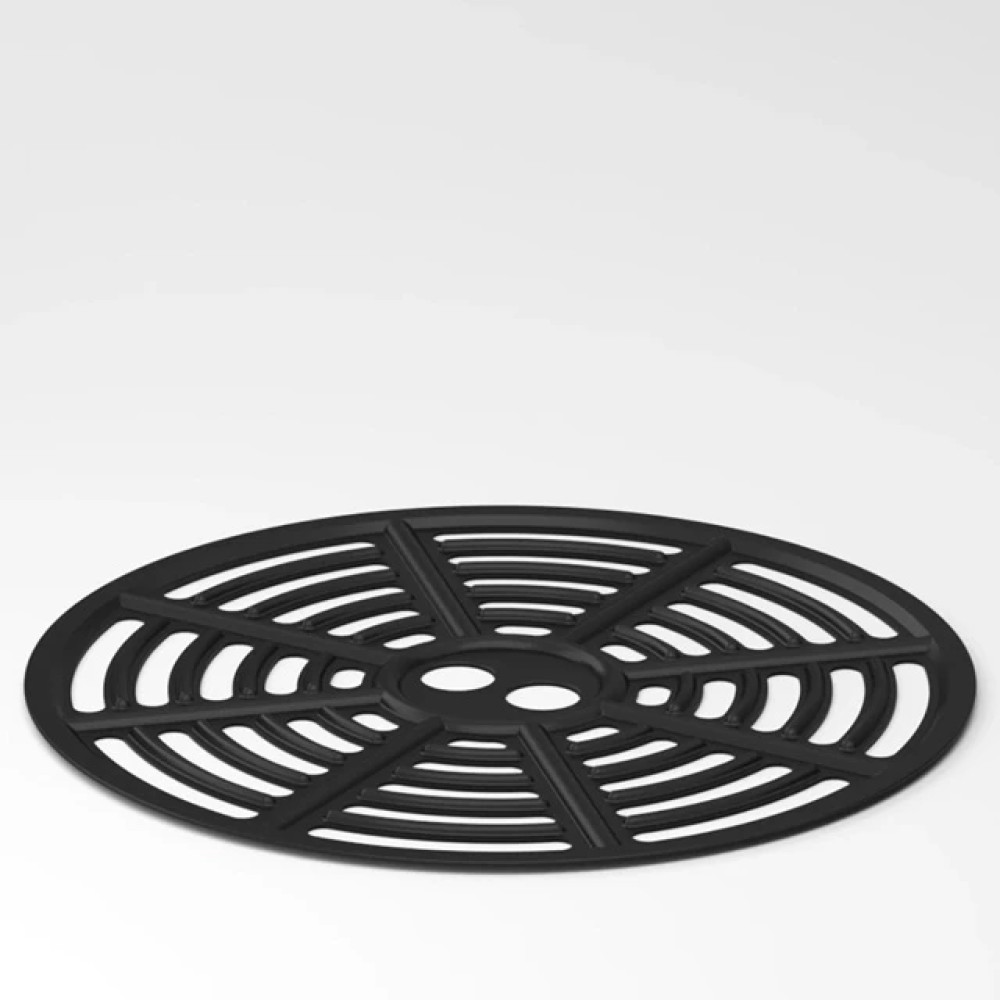 Una griglia di cottura nera e circolare. Ha una serie di linee curve e rette che si irradiano da un punto centrale, su sfondo bianco.