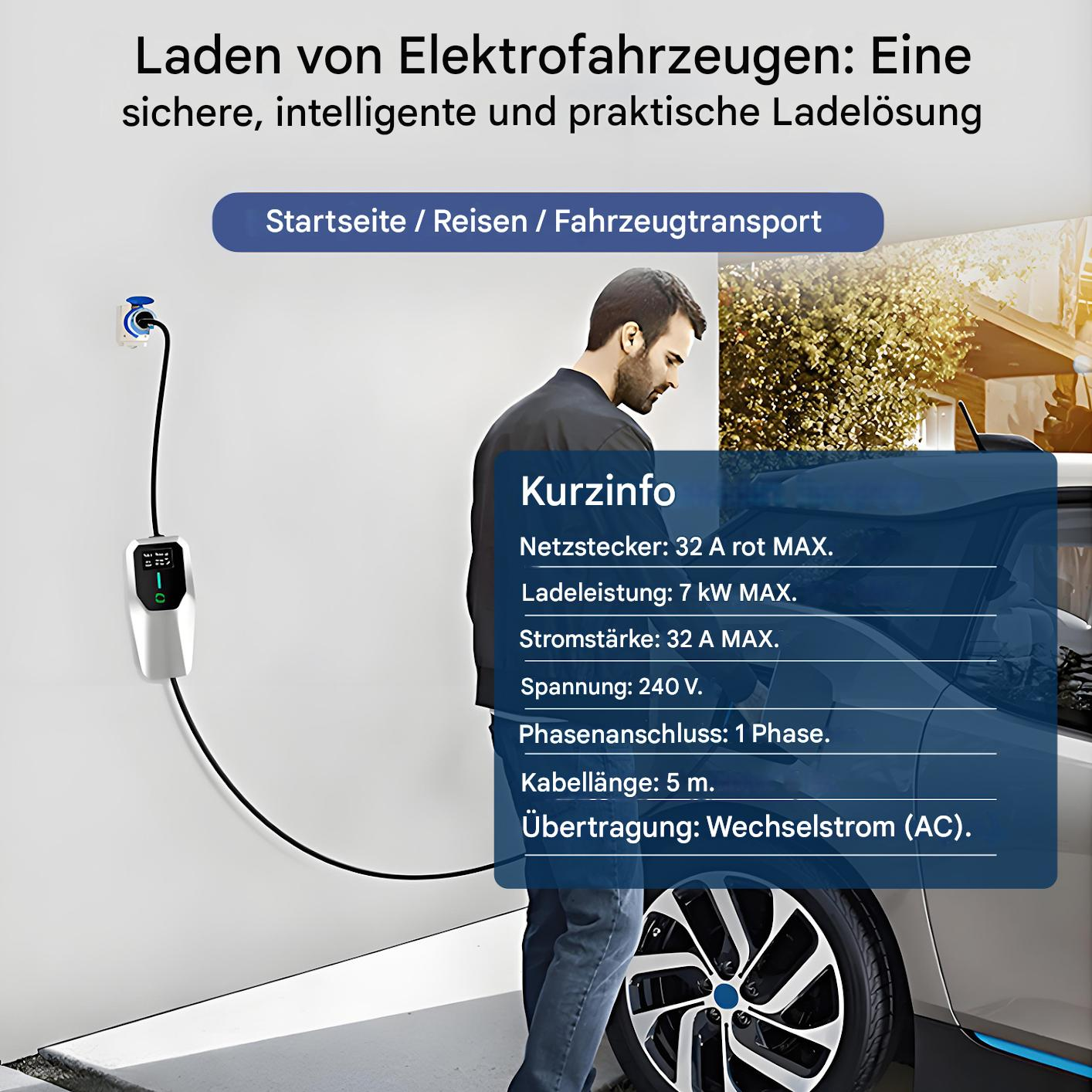 Ein Mann lädt ein Elektroauto. Auf der linken Seite befindet sich eine Ladestation. Text liefert Ladeinformationen. Das Rad des Autos ist sichtbar.