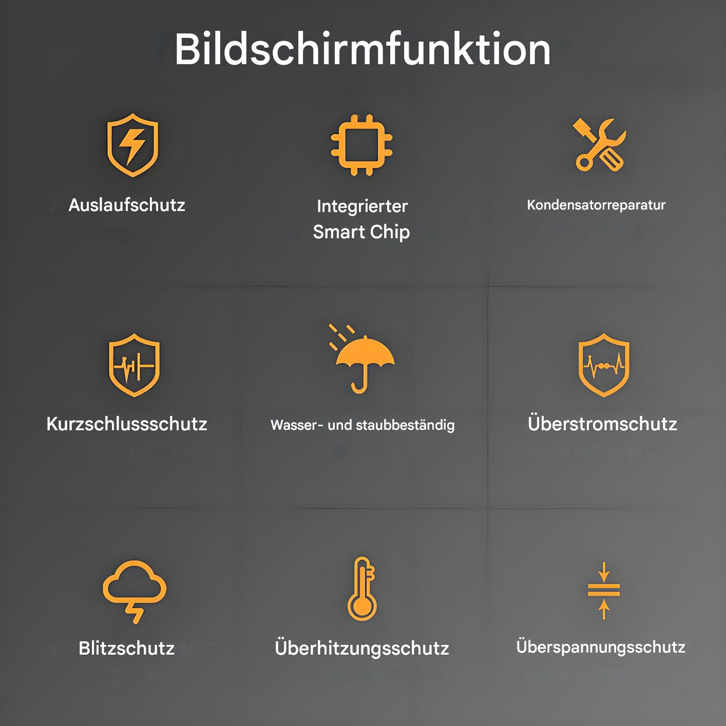 Ein Bild mit orangefarbenen Symbolen und deutschem Text auf dunklem Hintergrund. Symbole stellen Schutzfunktionen dar, wie Kurzschluss und Überspannung.