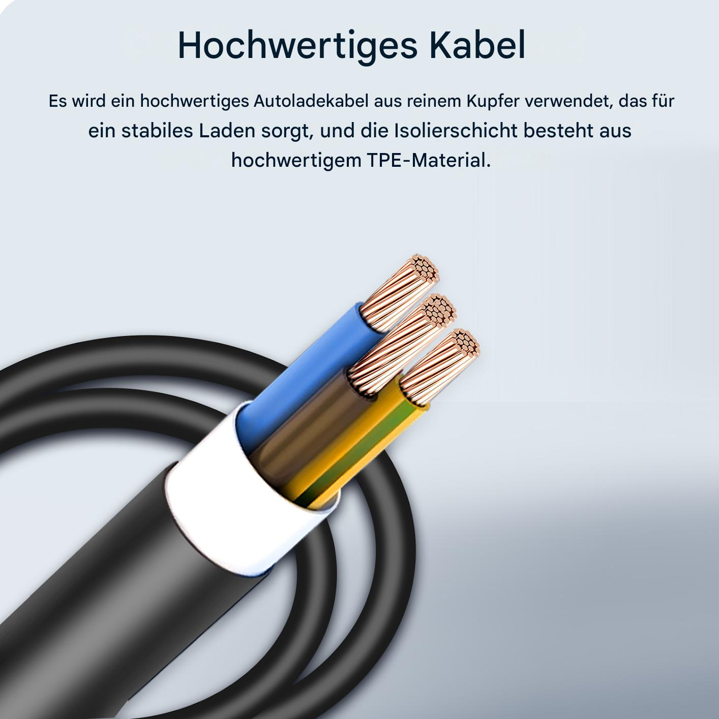 Das Bild zeigt ein schwarzes Kabel mit freiliegenden Kupferdrähten und farbiger Isolierung. Text beschreibt das Kabel.