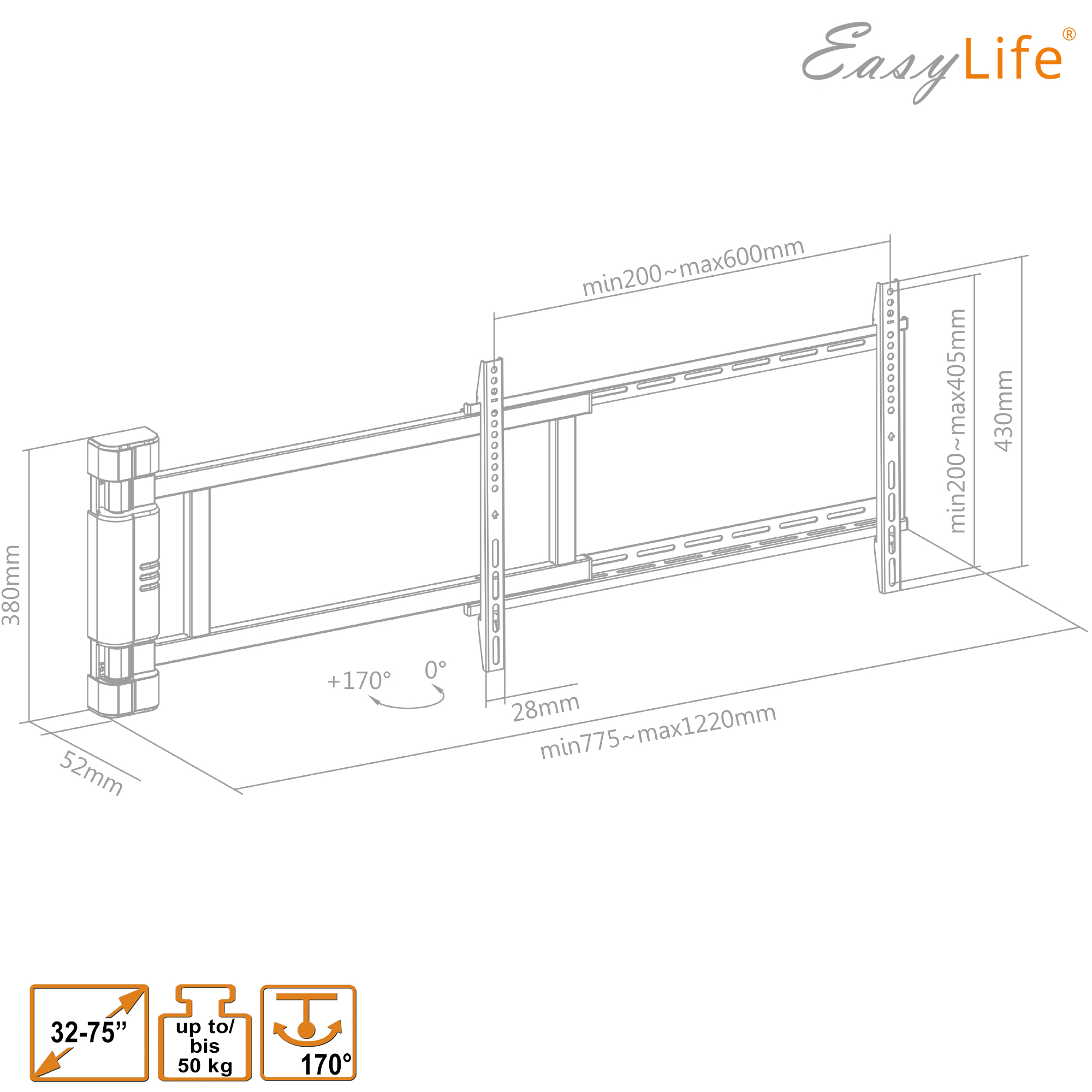 Diagramm einer schwarzen TV-Wandhalterung mit Maßen. Enthält Größen-, Gewichts- und Winkelanzeigen sowie das Easy Life-Logo.