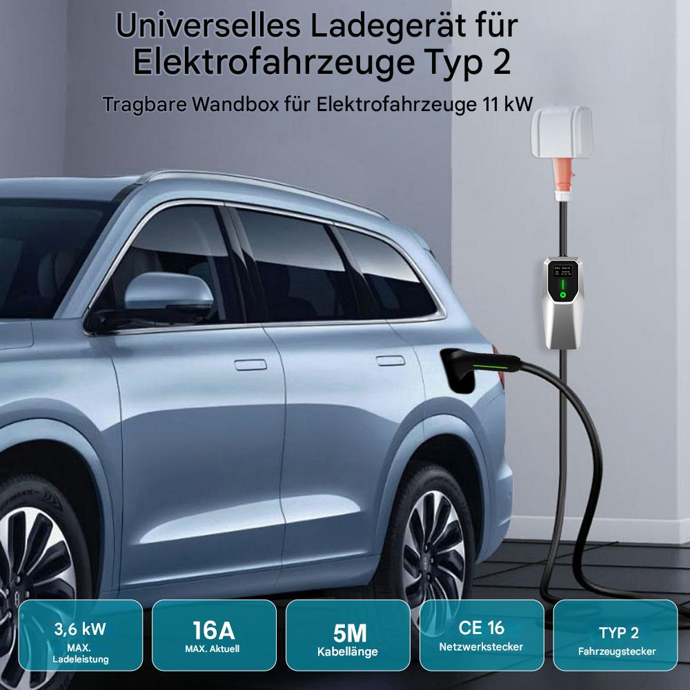 Ein silbernes Elektroauto wird geladen. Eine Ladestation mit schwarzem Kabel ist angeschlossen. Text zeigt Ladespezifikationen.