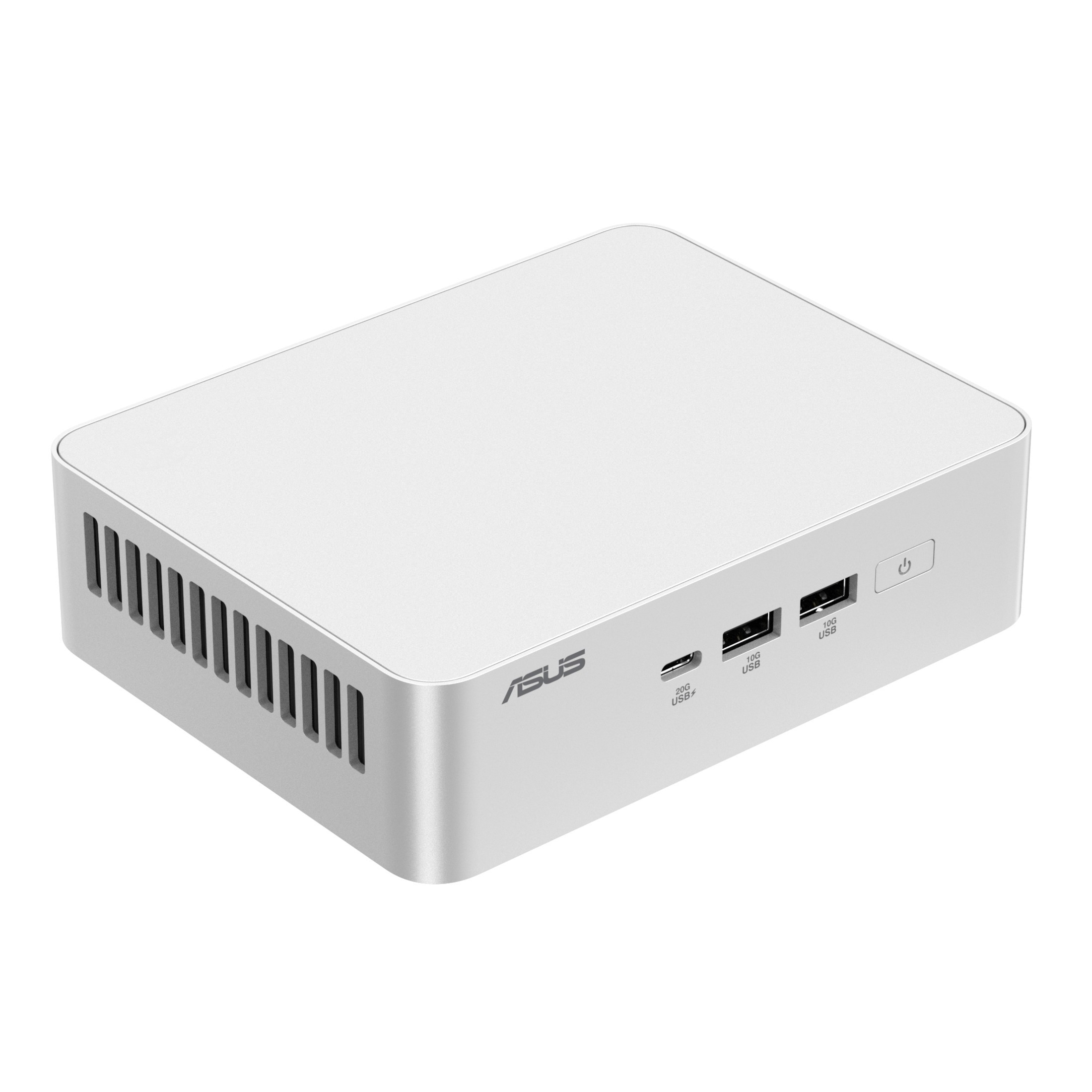 Ein weißer ASUS Mini-PC. Er hat USB-Anschlüsse, einen Ein-/Ausschalter und Lüftungsschlitze. Das ASUS-Logo ist sichtbar.