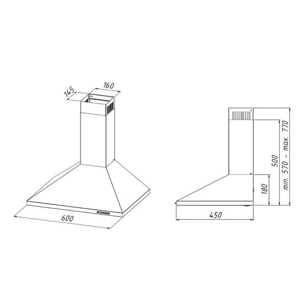 Rysunek techniczny okapu kuchennego. Wymiary zaznaczone: 600, 450, 160, 145, min. 570-max. 770, 500 i 180.
