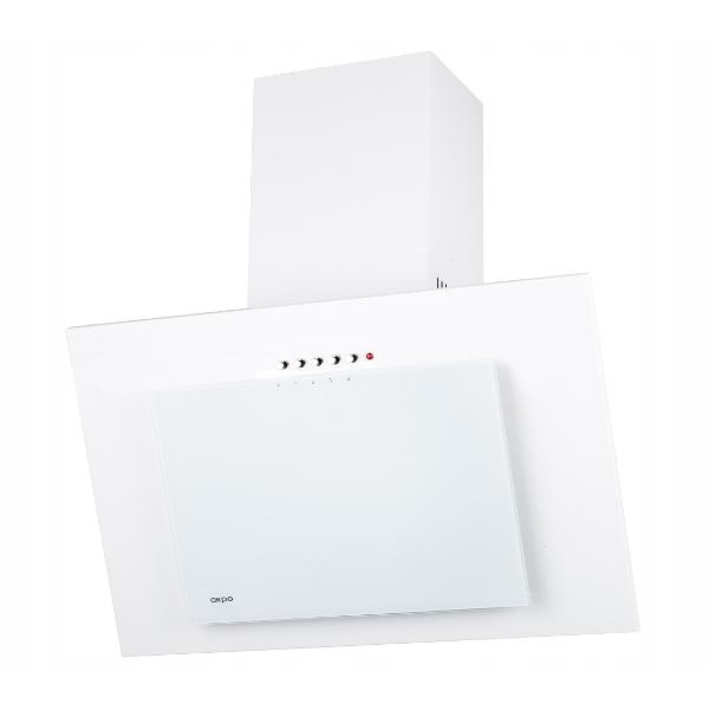 Biały okap kuchenny z prostokątnym szklanym panelem i przyciskami sterowania. Tło jest białe.