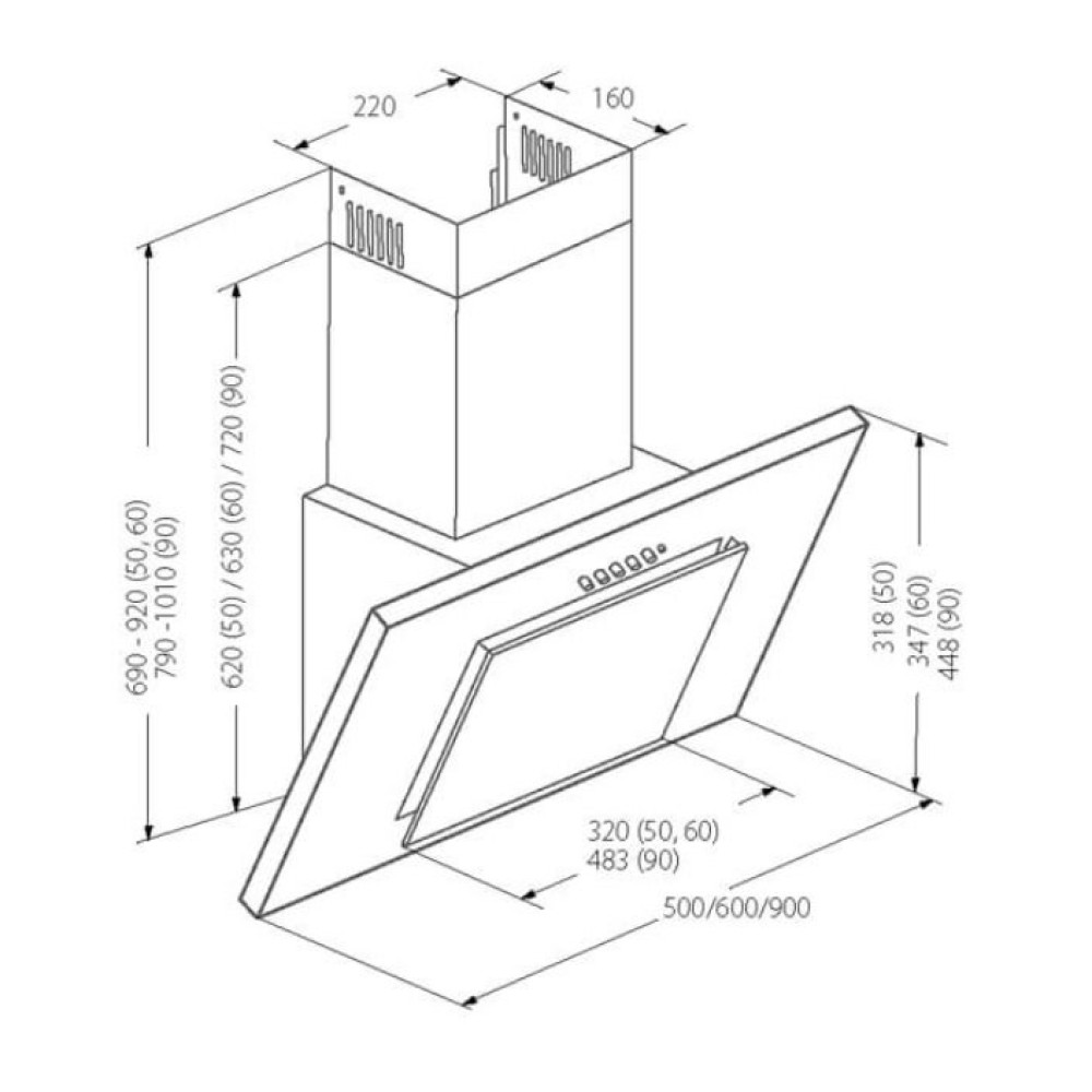 Schematyczny diagram okapu kuchennego z wymiarami w milimetrach. Okap pokazano z perspektywy.