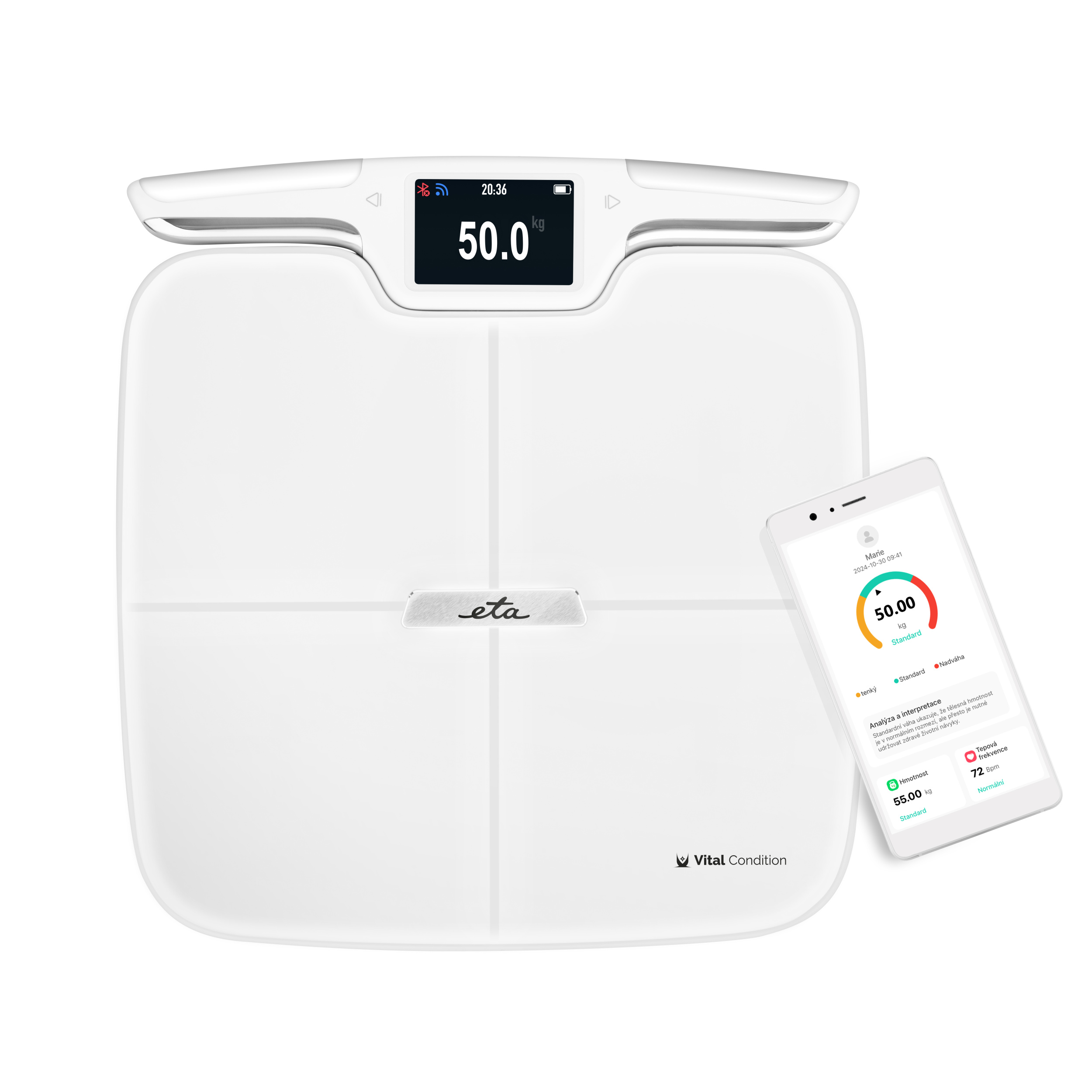 Eine weiße Digitalwaage mit Anzeige 50,0 kg und Smartphone mit Gesundheitsdaten. Die Waage ist von 'eta'.