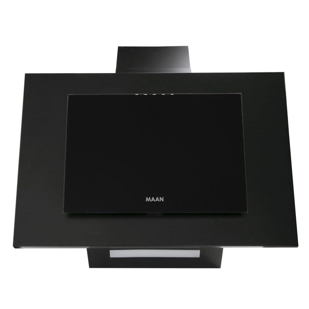 Nowoczesny czarny okap kuchenny z marką 'MAAN'. Ma prostokątny kształt z centralnym ekranem i światłami.