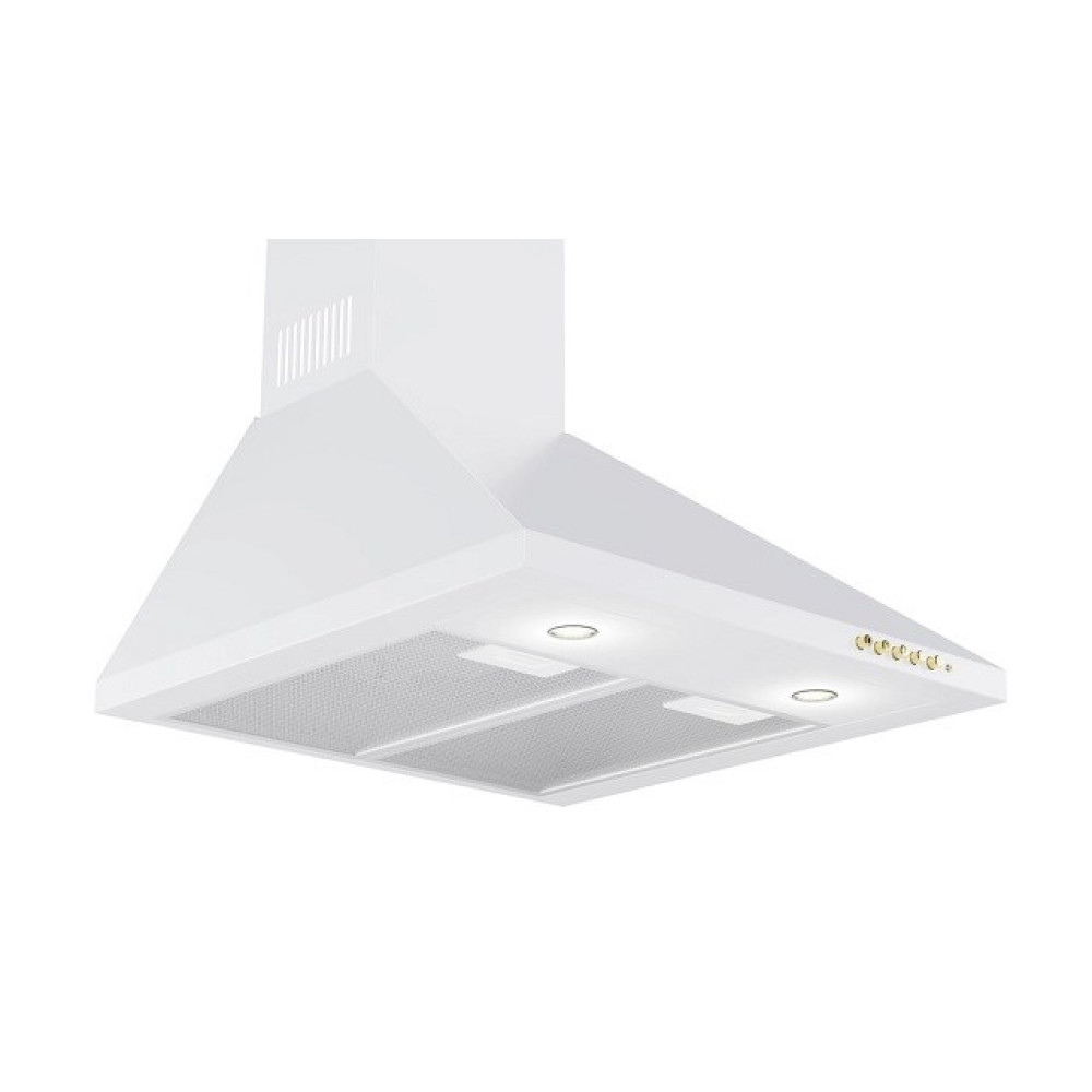 Biały okap kuchenny o skośnej konstrukcji. Posiada dwa światła i metalowy filtr siatkowy. Okap ma złote pokrętła.