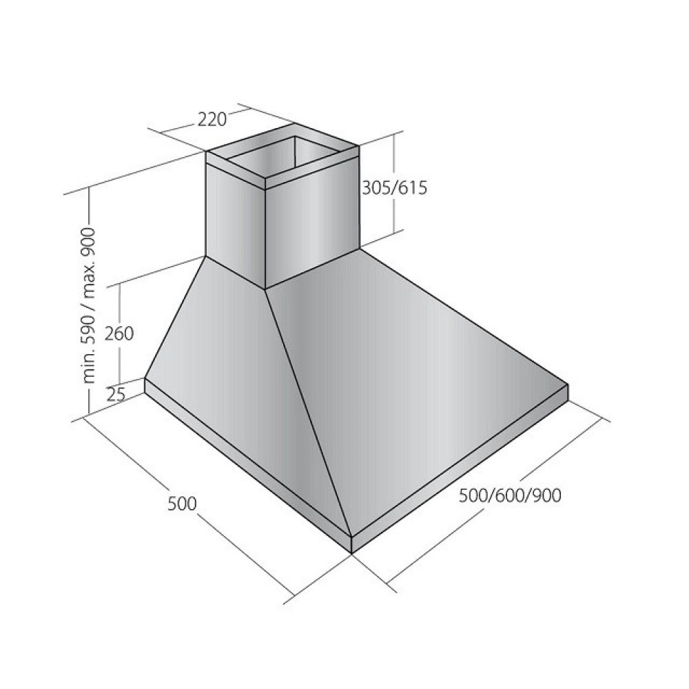 Ilustracja okapu kuchennego z wymiarami. Okap jest szary, kątowy i ma prostokątny komin. Wymiary są oznaczone.