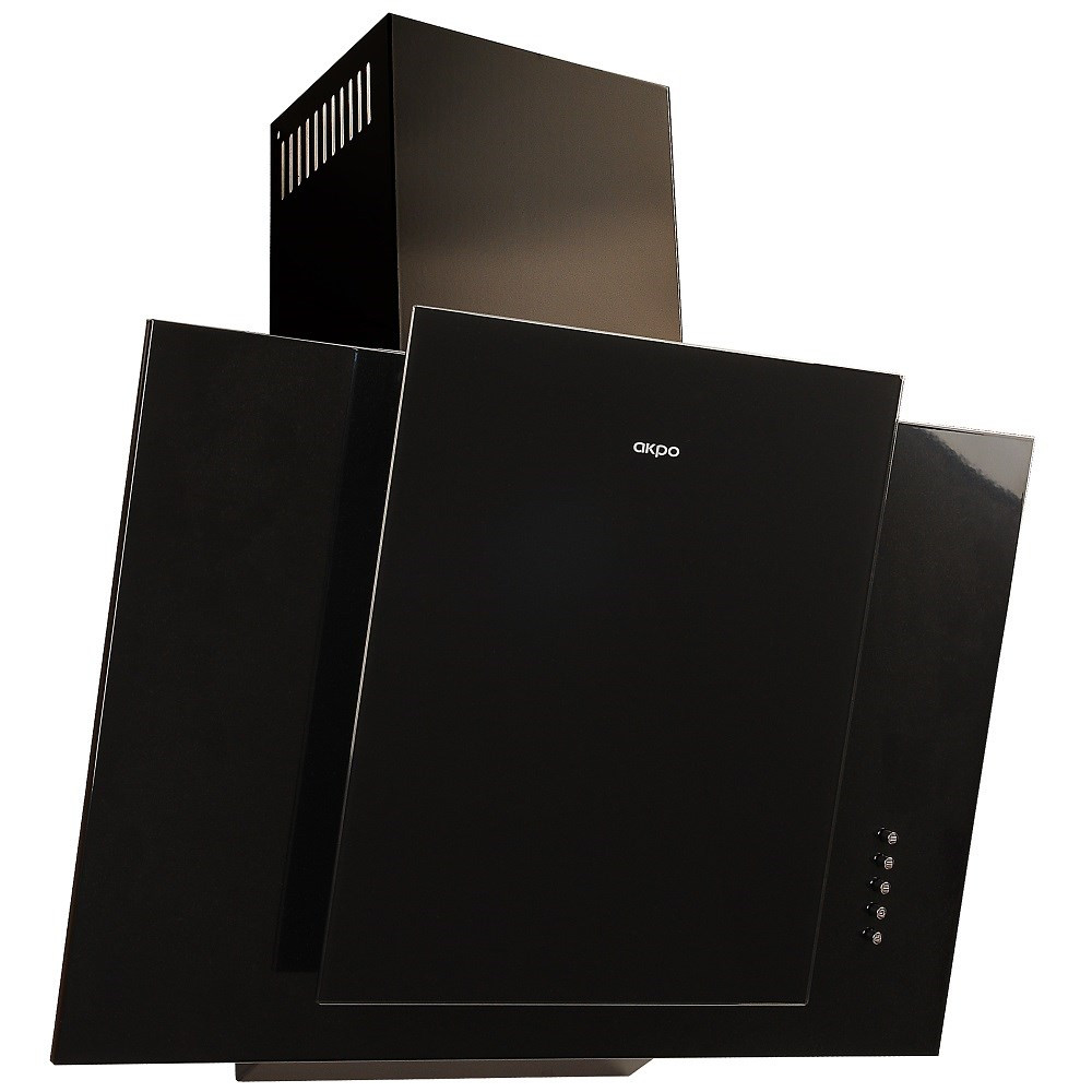Nowoczesny czarny okap kuchenny o prostokątnym kształcie. Widoczna jest marka 'akpo'. Okap posiada przyciski i odpowietrznik.