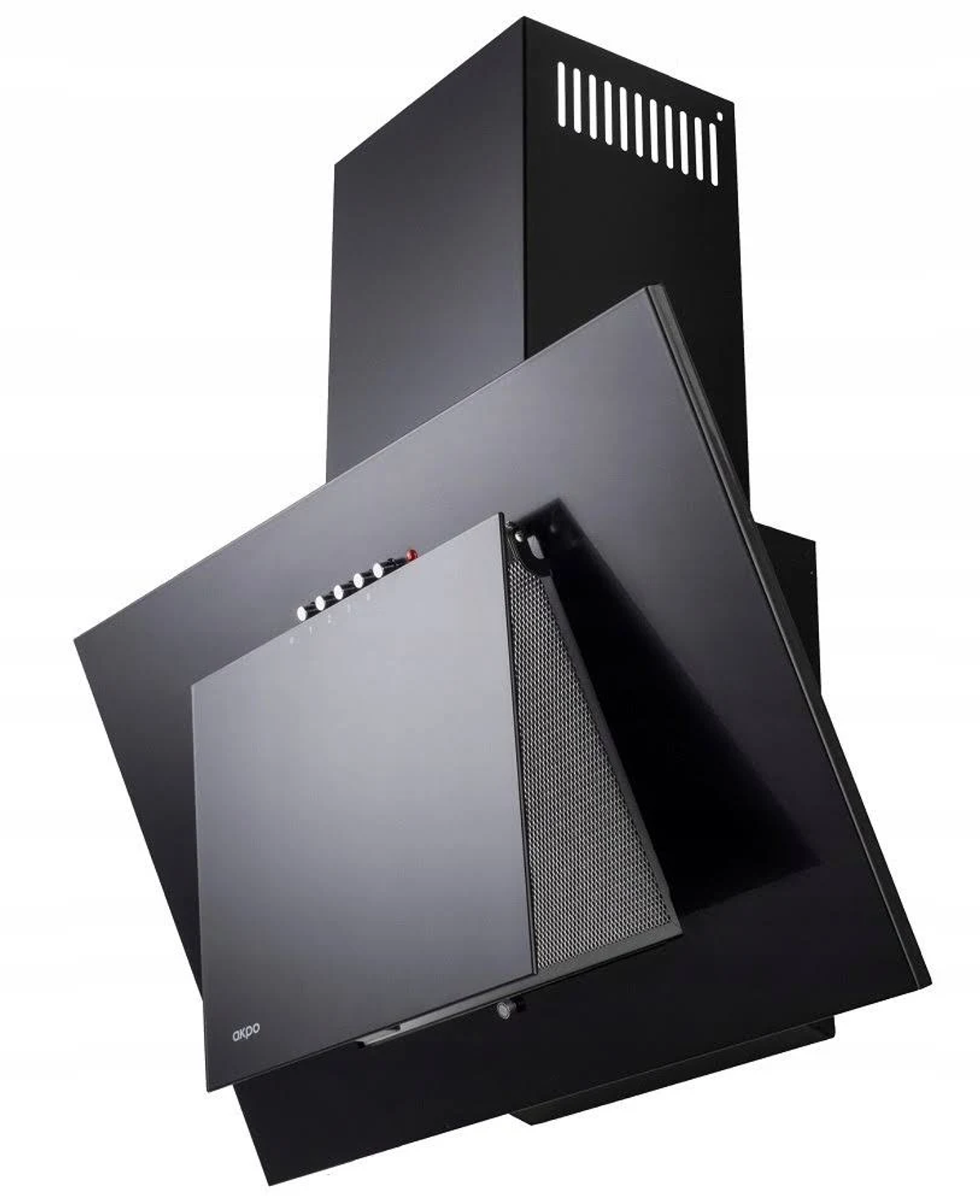 Nowoczesny czarny okap kuchenny z szklanym frontem i panelem sterowania. Posiada filtr siatkowy, widoczna jest nazwa marki.