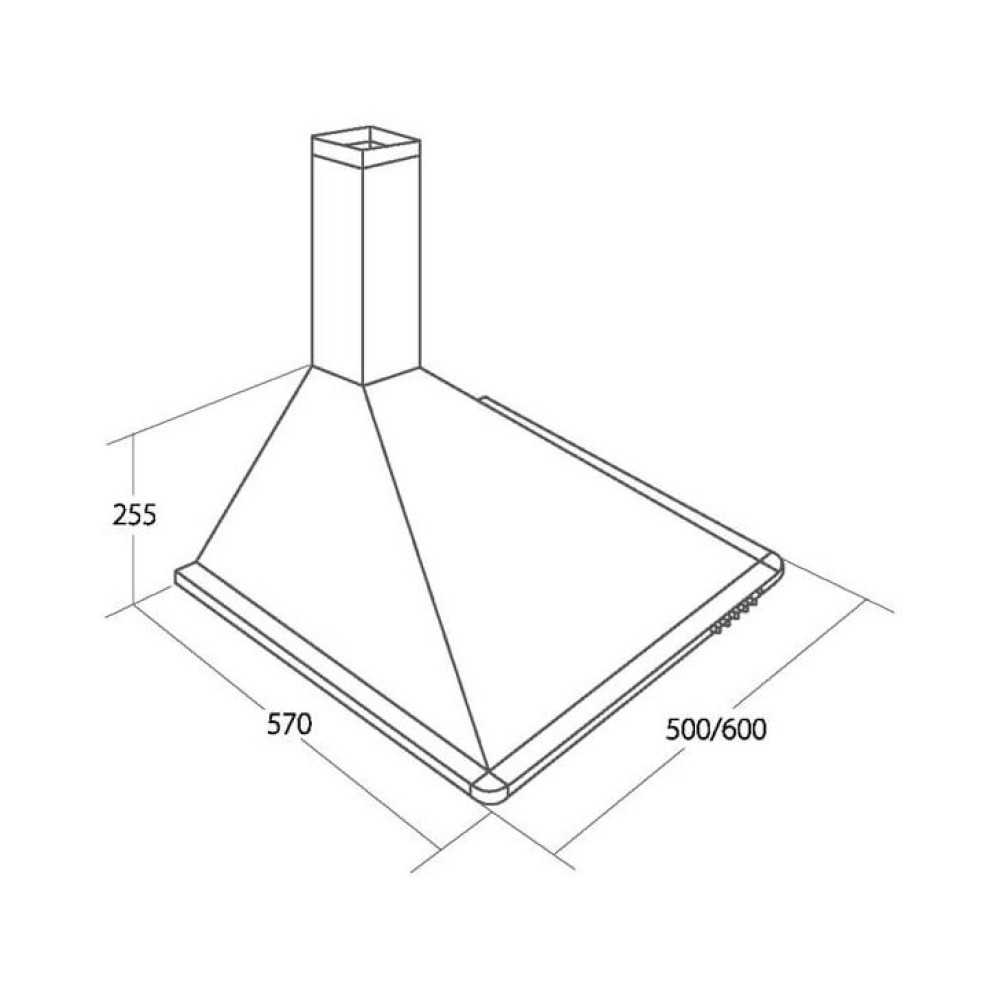 Rysunek liniowy okapu kuchennego z wymiarami. Okap ma kształt trapezu z prostokątnym kominem.