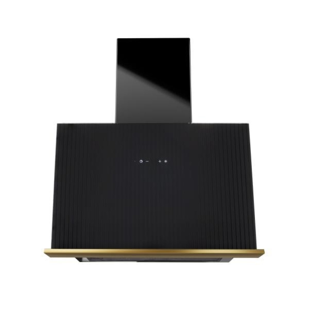 Nowoczesny czarny okap z złotymi wykończeniami. Ma pionową konstrukcję z prostokątnym szklanym panelem na górze.