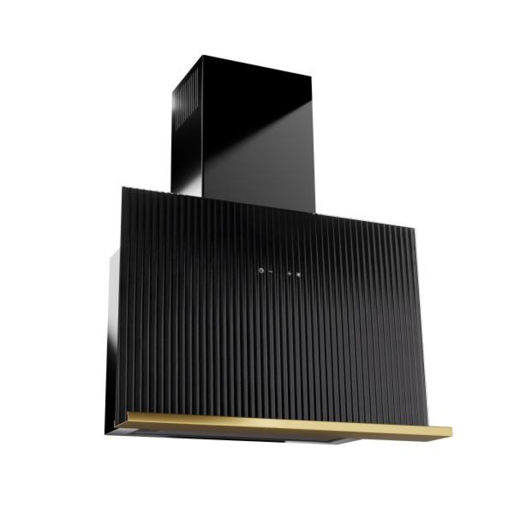 Nowoczesny czarny okap kuchenny z pionowymi liniami. Posiada złotą dolną półkę i czarny komin. Przyciski są widoczne.